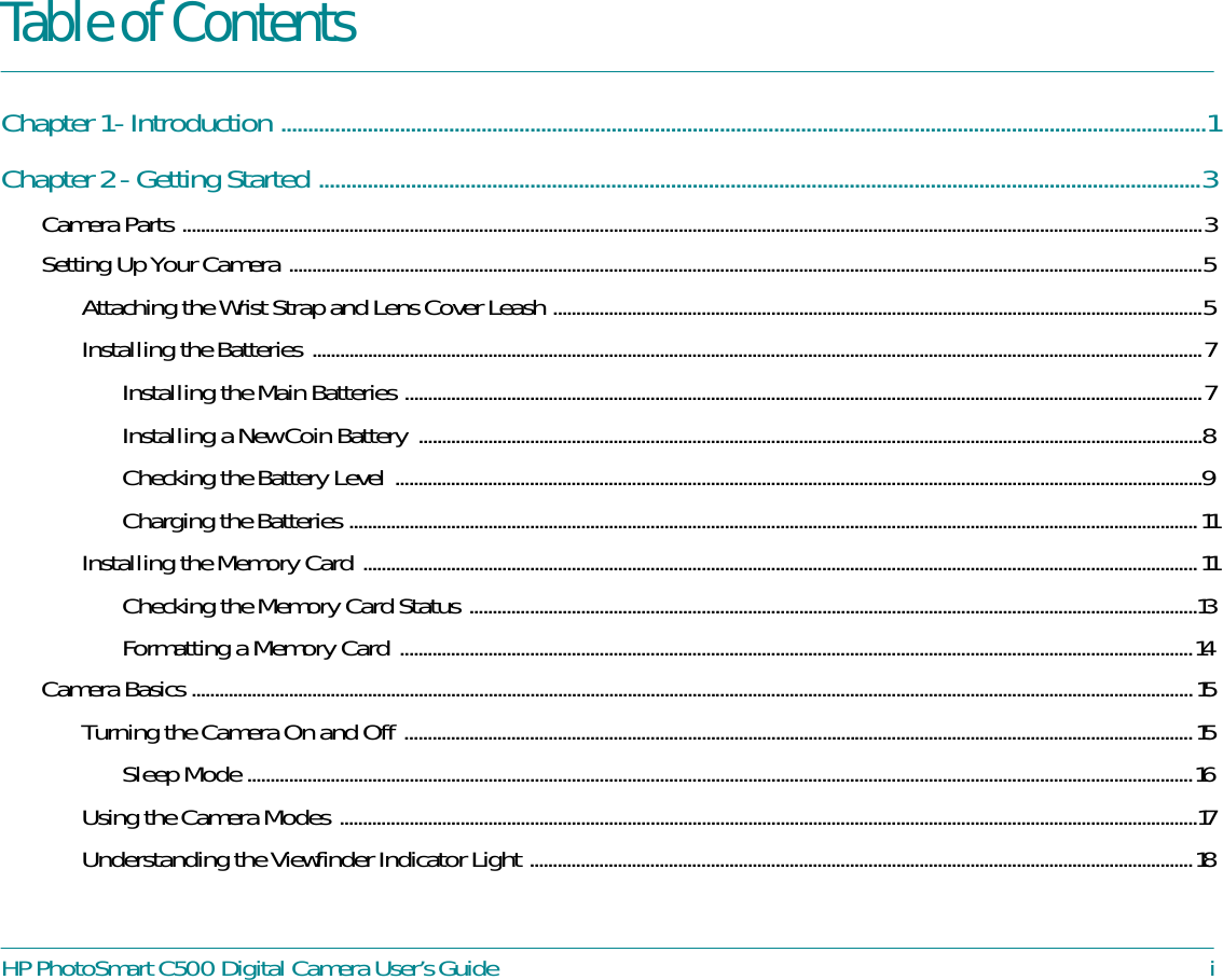Page 1 of 8 - HP DracoUGTOC Photo Smart C500 Digital Camera Users Guide - Table Of Contents Bpy00524