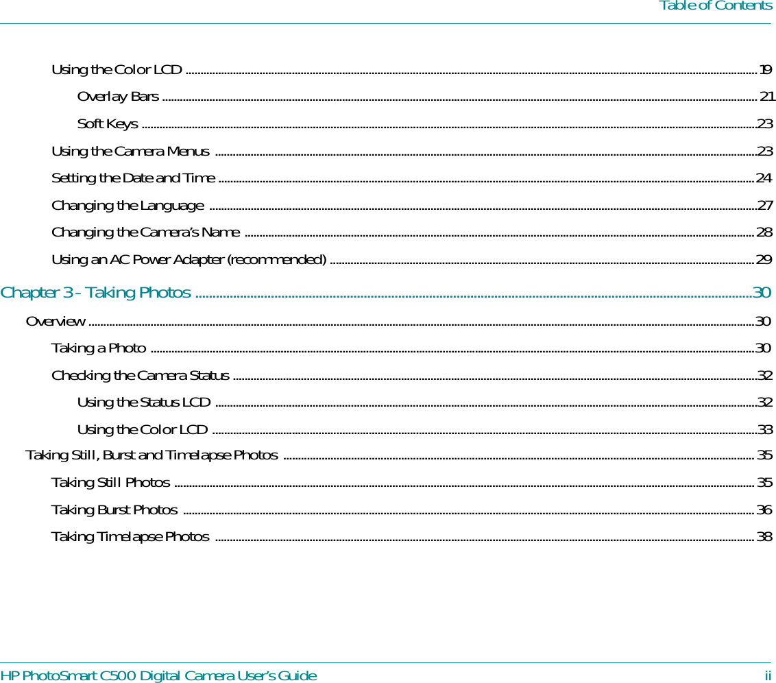 Page 2 of 8 - HP DracoUGTOC Photo Smart C500 Digital Camera Users Guide - Table Of Contents Bpy00524