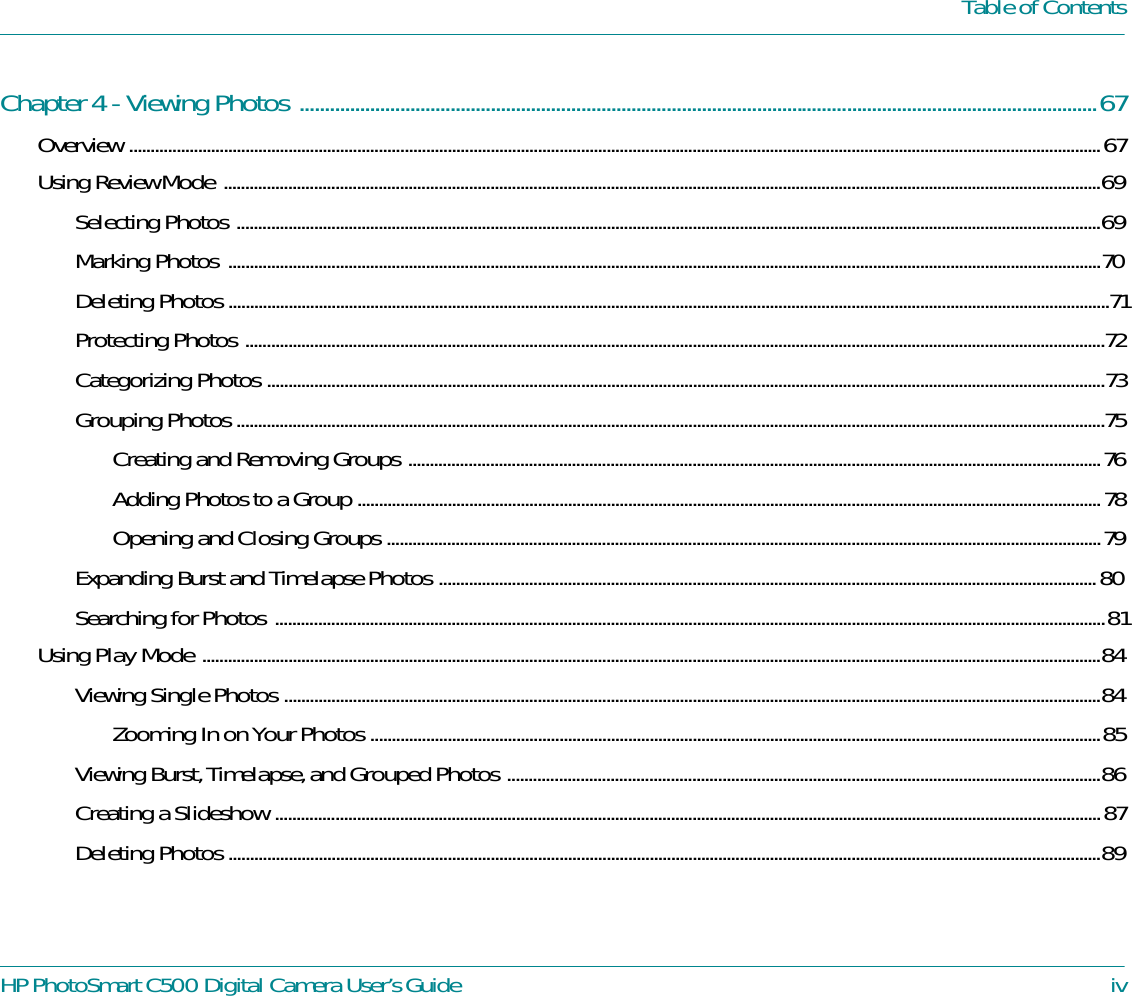 Page 4 of 8 - HP DracoUGTOC Photo Smart C500 Digital Camera Users Guide - Table Of Contents Bpy00524
