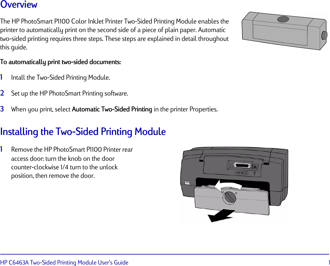 Hp User S Guide C6463a Photo Smart P1100 Printer Two Sided Printing Module Bpy20289