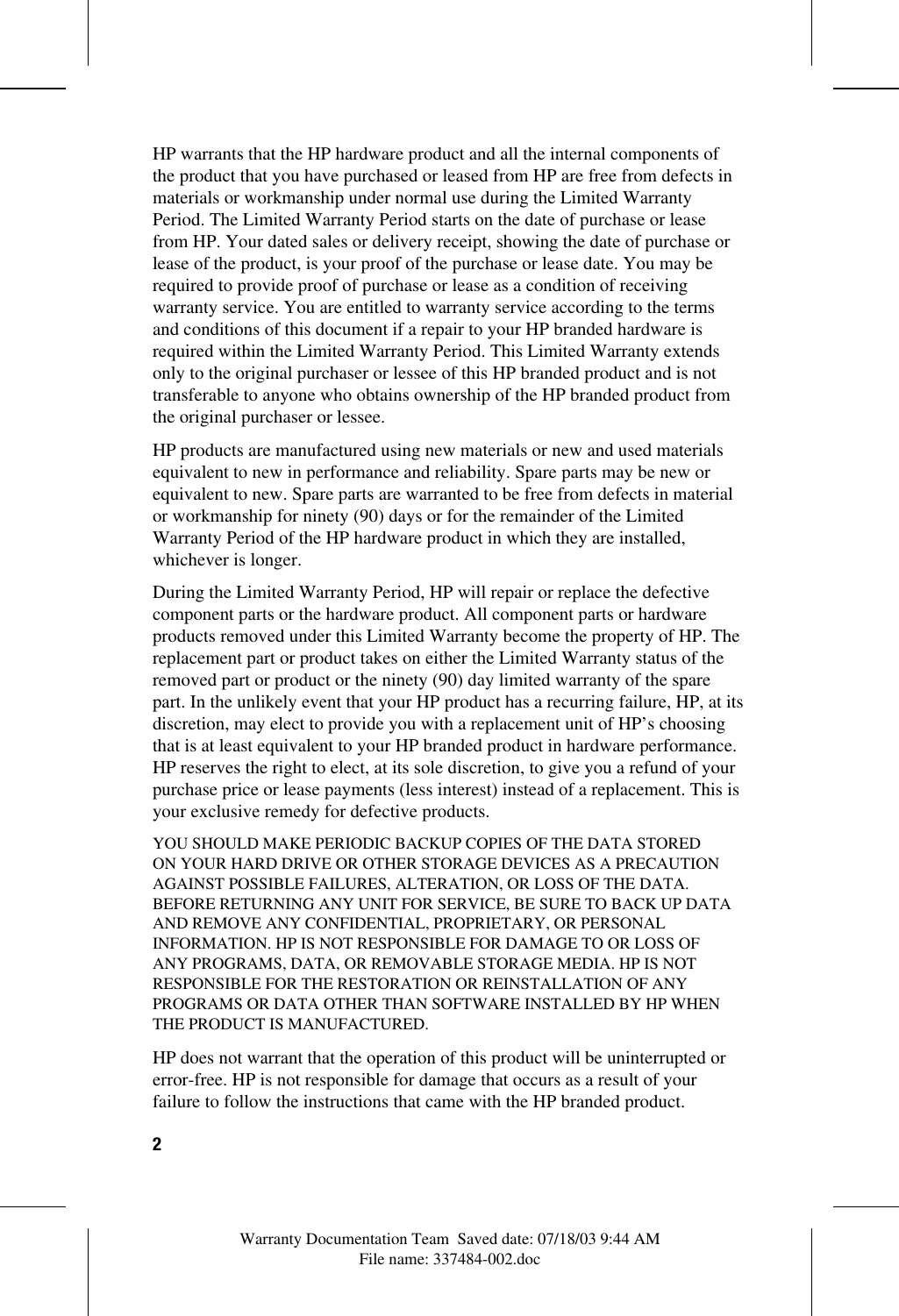 HP Notebook Products Series Worldwide Limited Warranty And Technical