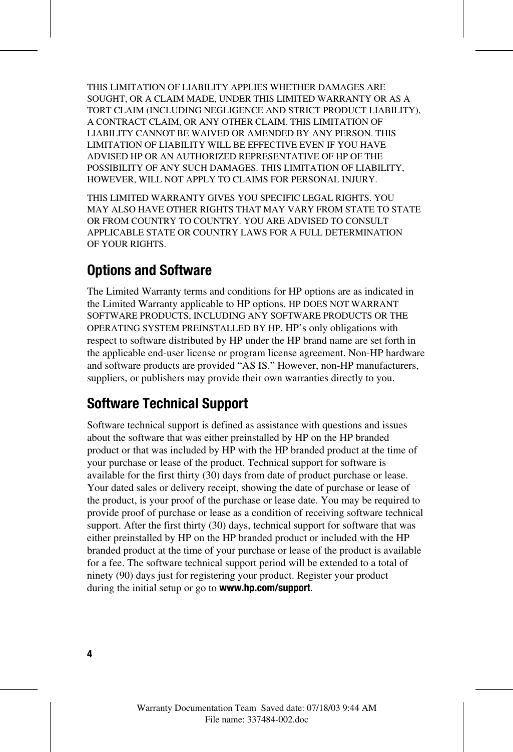 HP Notebook Products Series Worldwide Limited Warranty And Technical