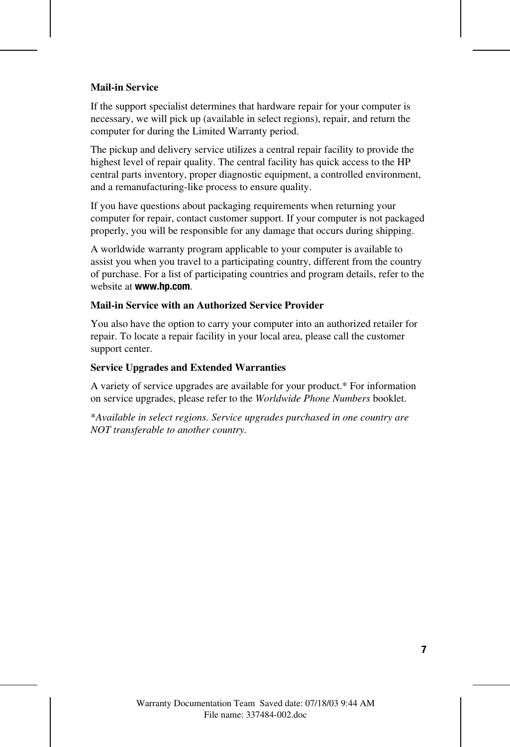 Page 8 of 9 - HP Notebook Products Series - Worldwide Limited Warranty And Technical Support C00047034