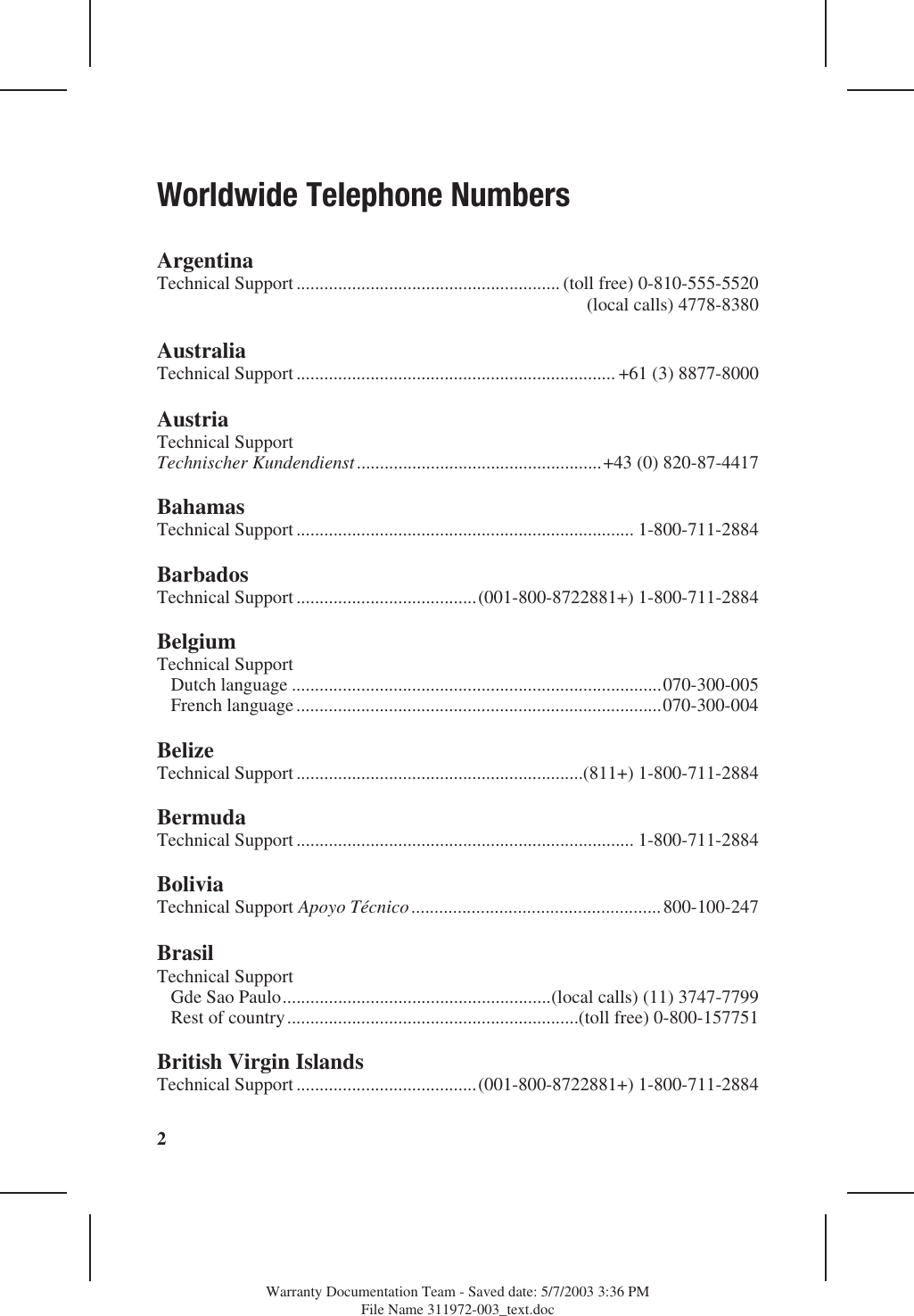 Page 1 of 6 - HP Worldwide Telephone Numbers Notebook Series - C00047049