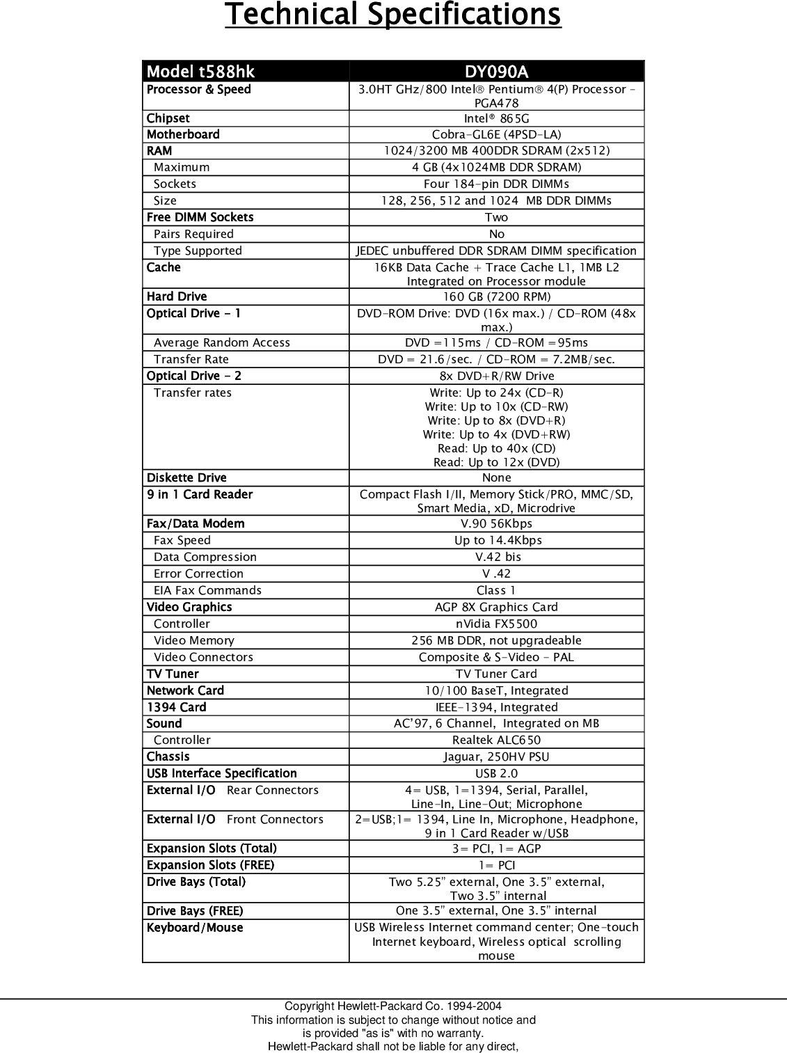 Page 2 of 2 - HP - T588hk_specs Pavilion Desktop PC (English) T588hk Technical Datasheet C00066365