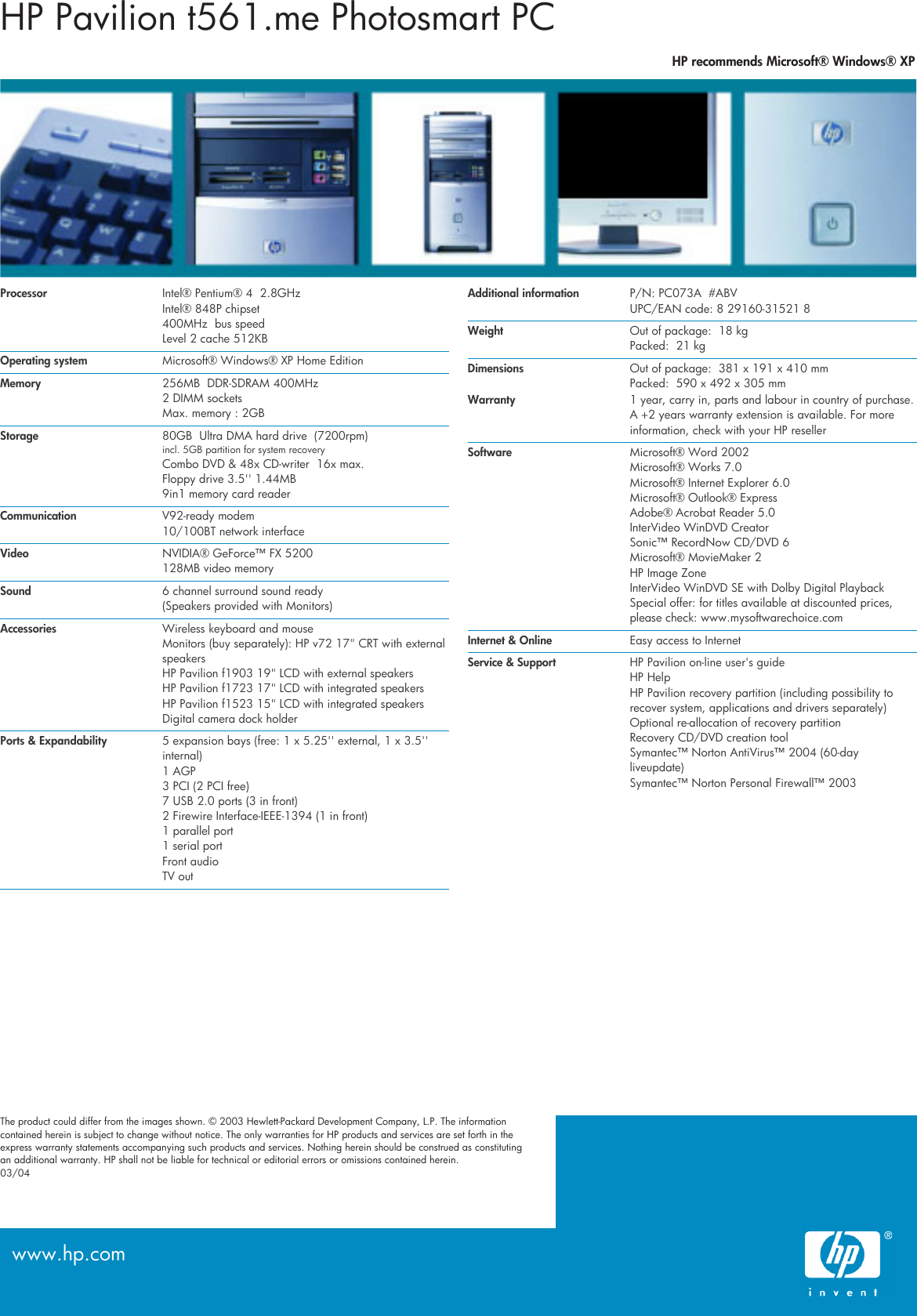Page 2 of 2 - HP Summer Desktop Datasheet Pavilion PC - T561.me Product Specifications C00169894