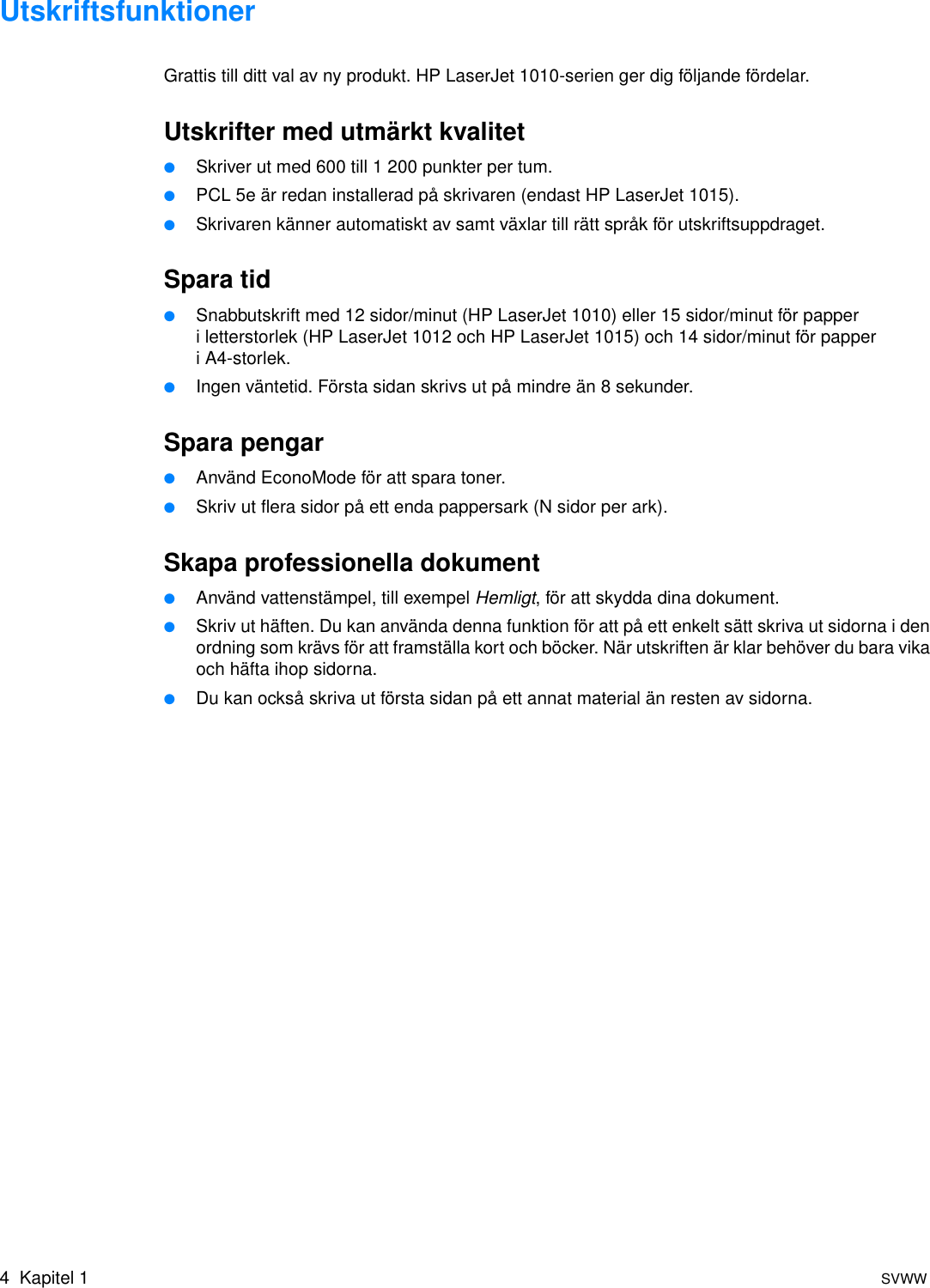 HP LaserJet 1010/1012/1015 Series Printer User Guide SVWW Laser 