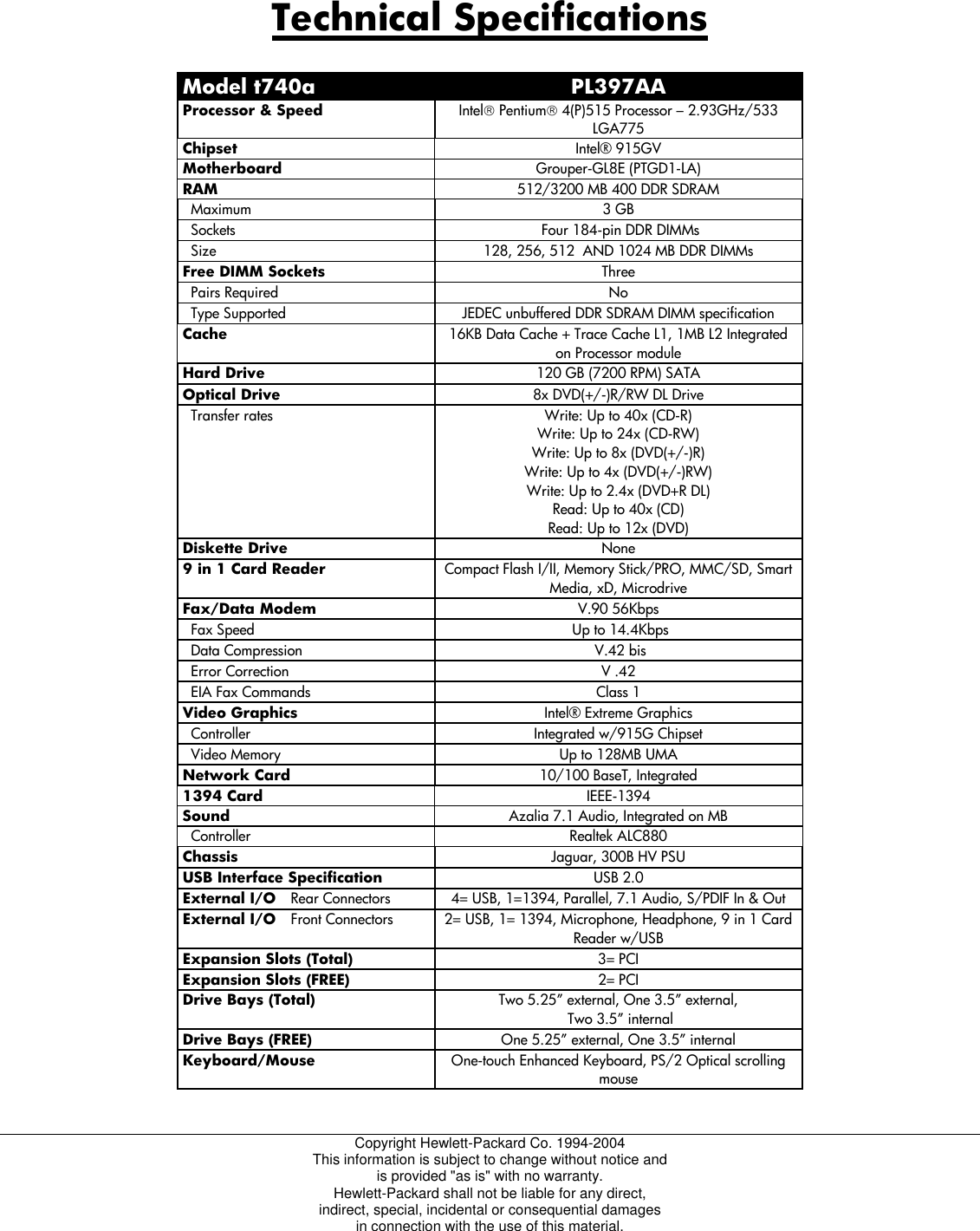 hp desktop specification