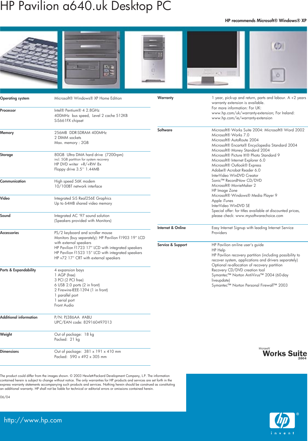 Page 2 of 2 - HP Summer Desktop Datasheet Pavilion PC - A640.uk Product Specifications C00242935