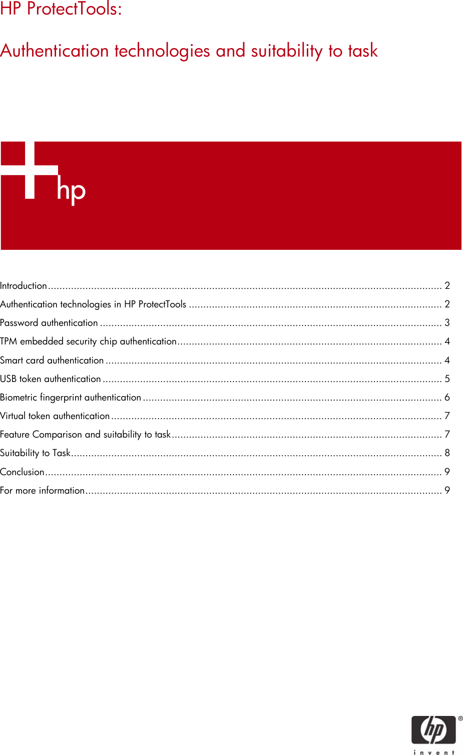 Page 1 of 9 - HP ProtectTools Protect Tools: Authentication Technologies And Suitability To Task C00392188