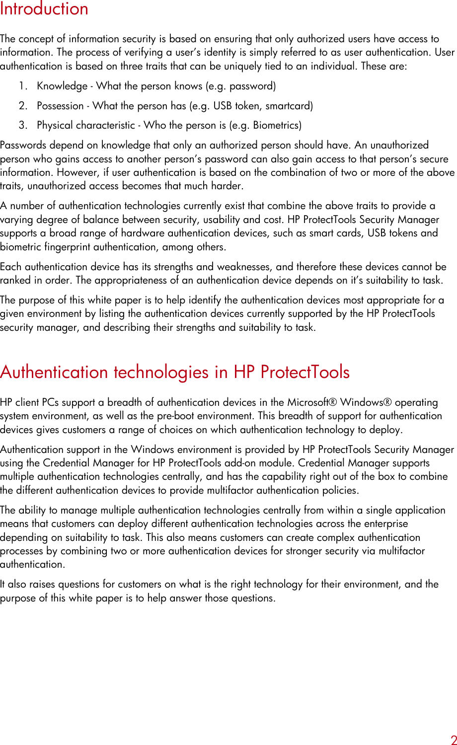 Page 2 of 9 - HP ProtectTools Protect Tools: Authentication Technologies And Suitability To Task C00392188