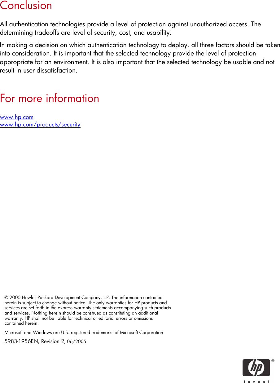 Page 9 of 9 - HP ProtectTools Protect Tools: Authentication Technologies And Suitability To Task C00392188