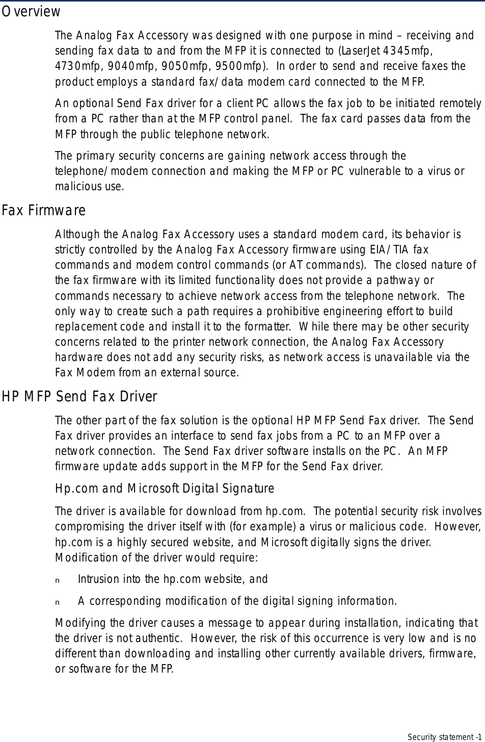 Page 7 of 8 - HP Fax Security Statement PC Send - Q3701A 1-4-2006 Embedded Digital Sending C00646282