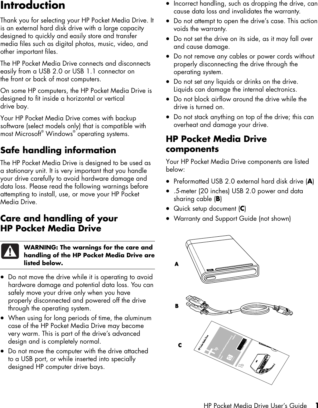 Page 5 of 12 - HP User's Guide  PD0800, PD1200 Pocket Media Drives - C00770956