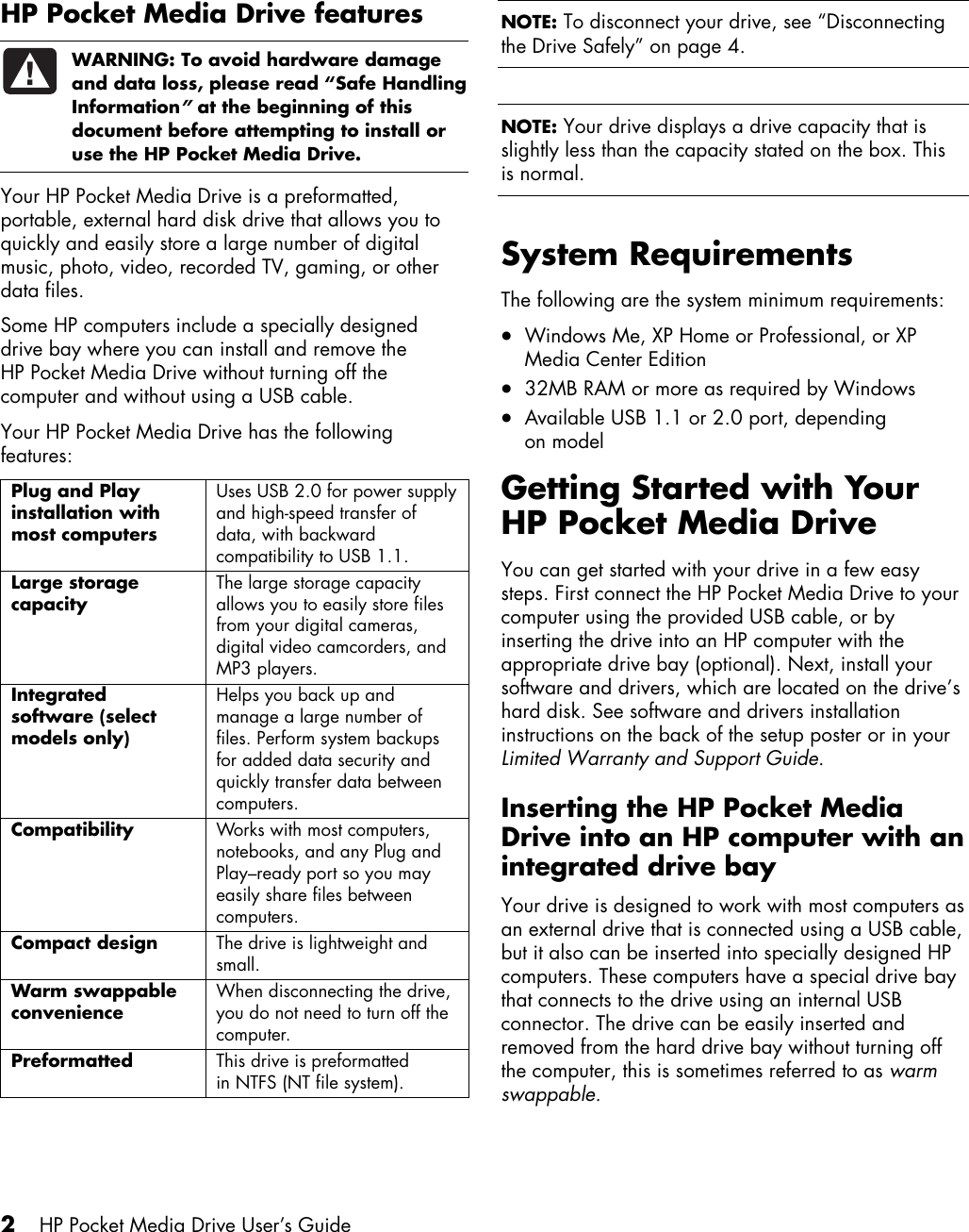 Page 6 of 12 - HP User's Guide  PD0800, PD1200 Pocket Media Drives - C00770956