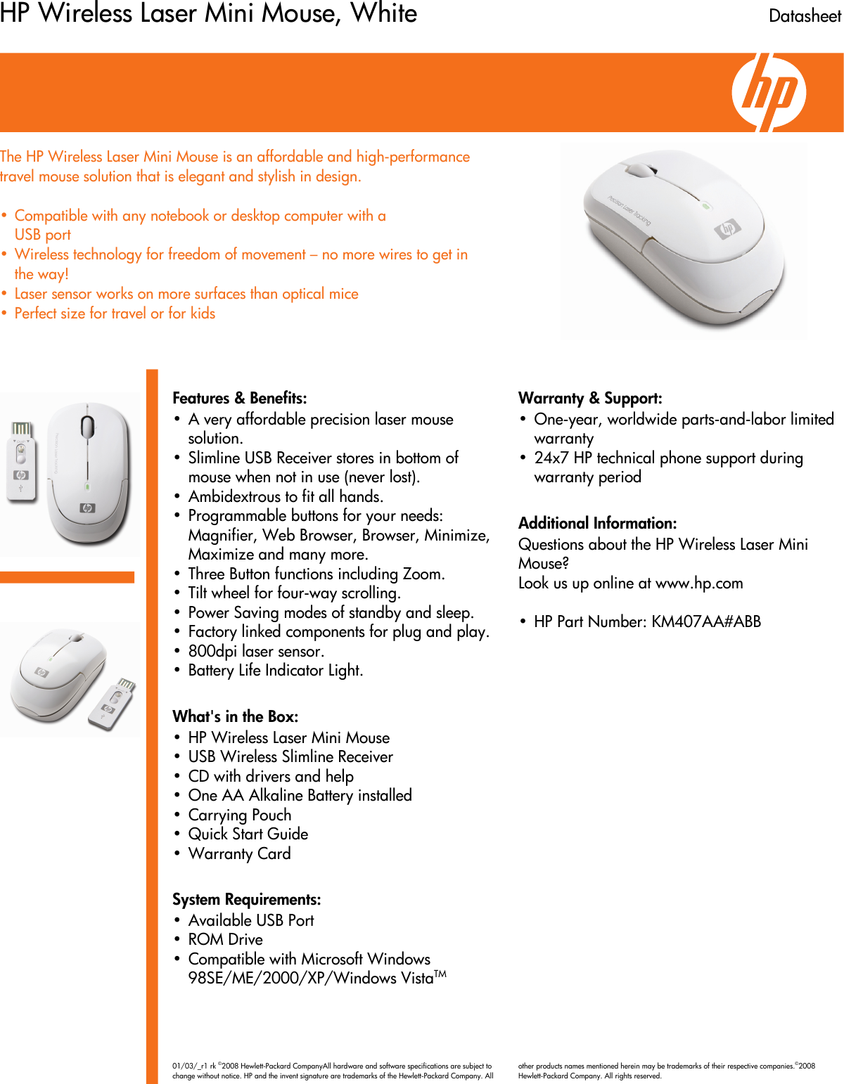 Page 1 of 1 - HP Pavilion Data Sheet White Wireless Laser Mini Mouse - Datasheet C01396103