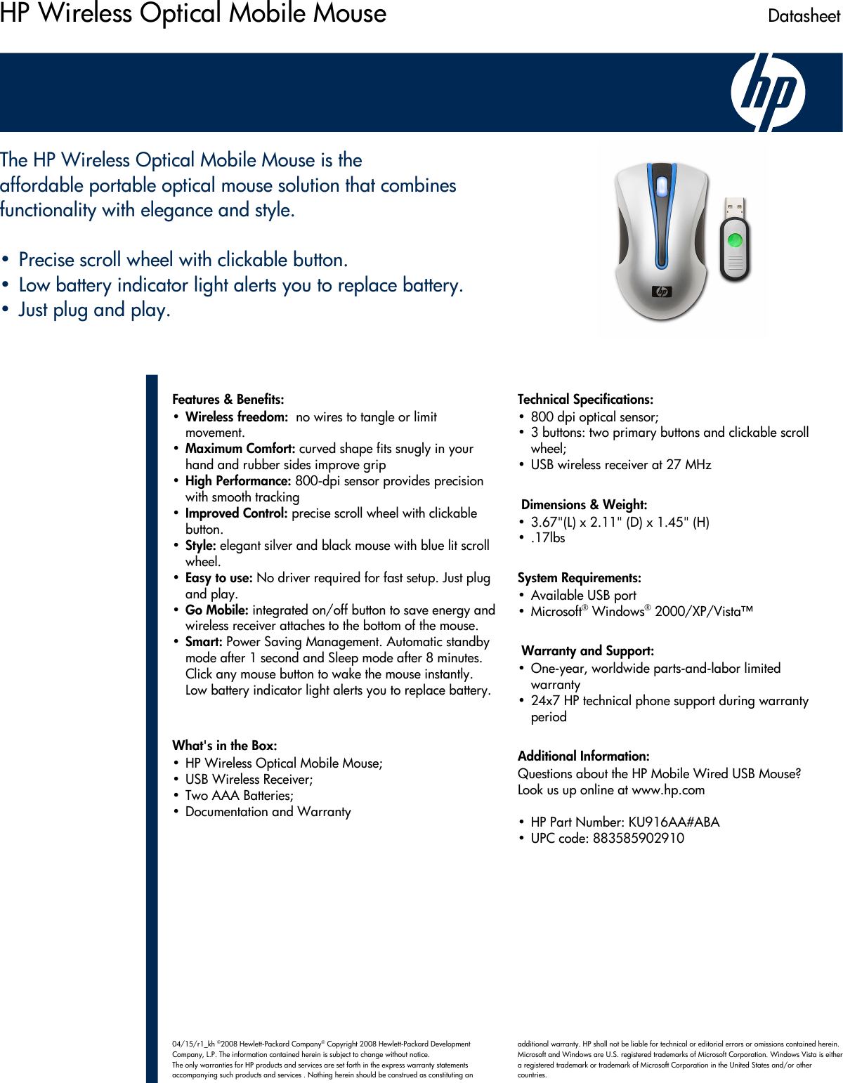 Page 1 of 1 - HP Pavilion Data Sheet Wireless Optical Mobile Mouse - Datasheet C01439177