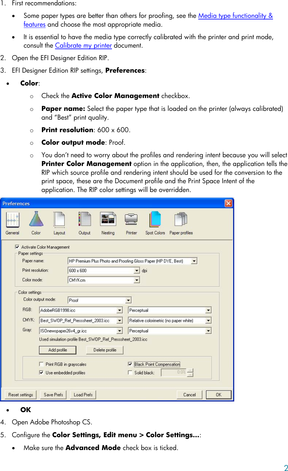 Page 2 of 7 - HP LFP Printing Knowledge Center Designjet 30/90/130 Guide [EFI Designer Edition RIP] - Proof A Press With CMYK [Adobe Photoshop CS Windows] C01557313