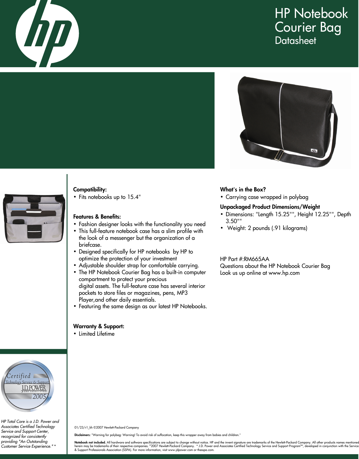 Page 1 of 1 - HP Pavilion Data Sheet Notebook Courier Bag - Datasheet C01621847