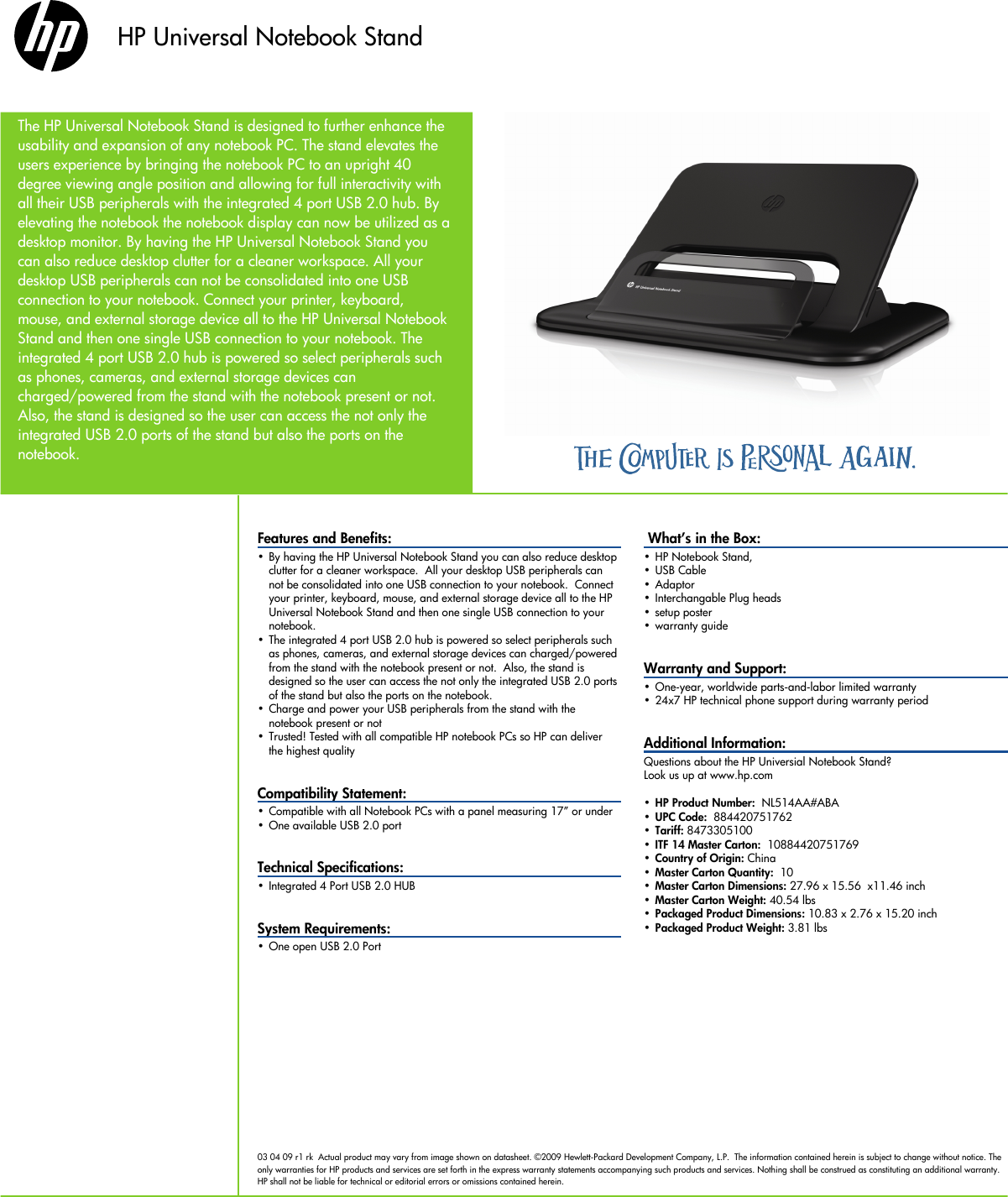 HP Pavilion Data Sheet Universal Notebook Stand Datasheet C01693819