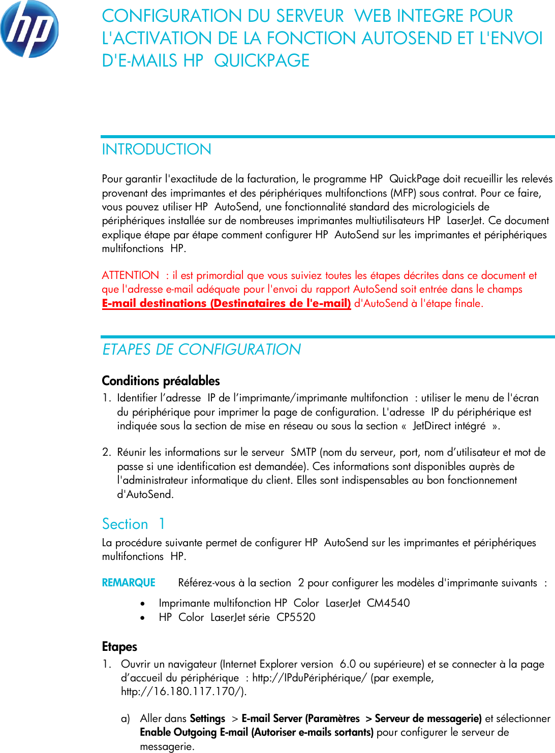 Page 1 of 8 - HP  Quick Page - Embedded Web Server (EWS) Configuration To Enable Auto Send And Outgoing Email C02750818