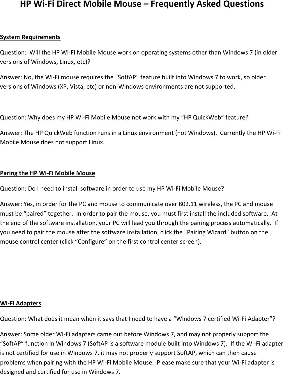 Page 1 of 7 - HP FAQ For Wi-Fi Mobile Mouse Frequently Asked Questions C02915517