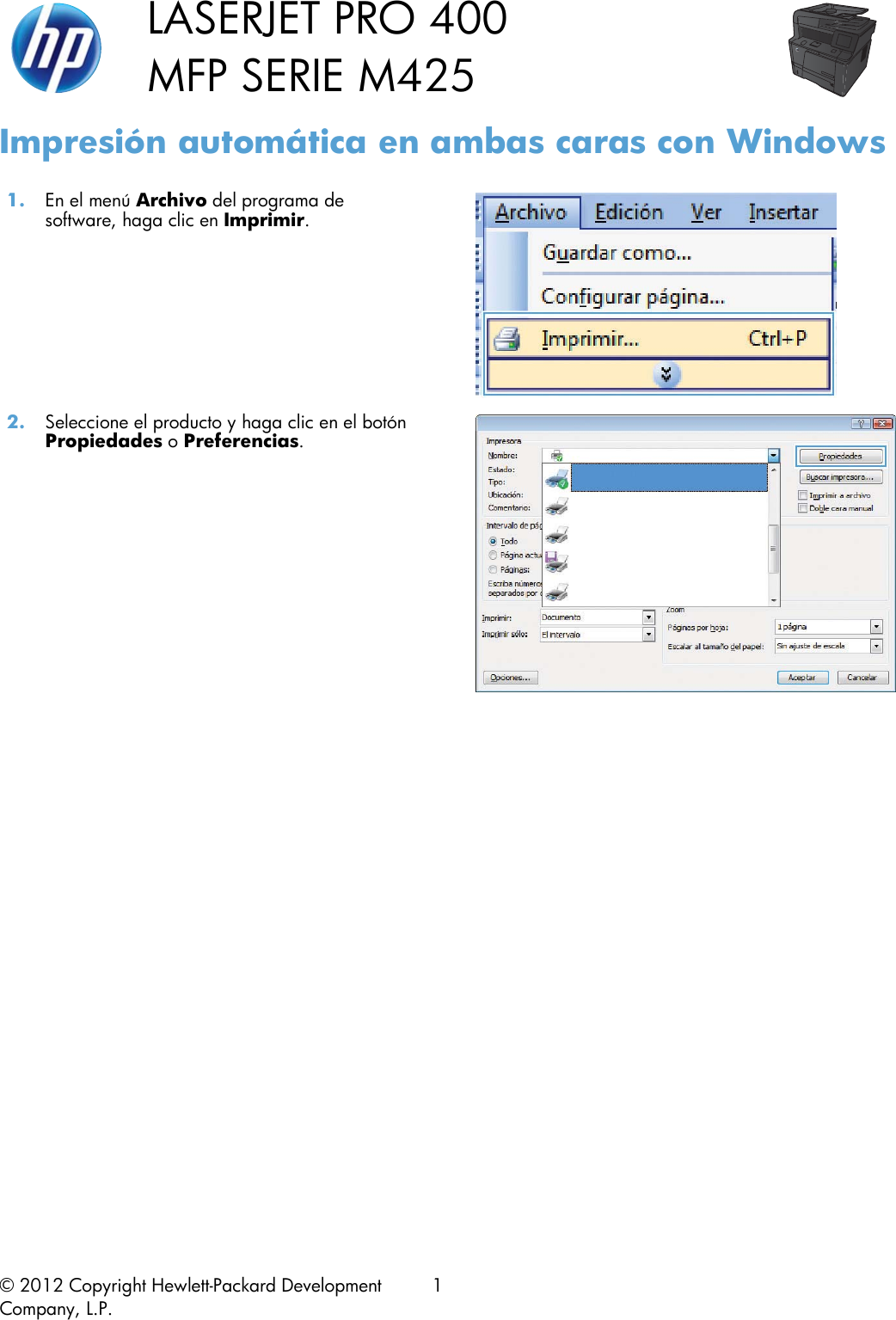 Page 1 of 2 - HP  Laser Jet Pro 400 MFP M425 -Imprimir En Ambas Caras (dúplex) C02949692