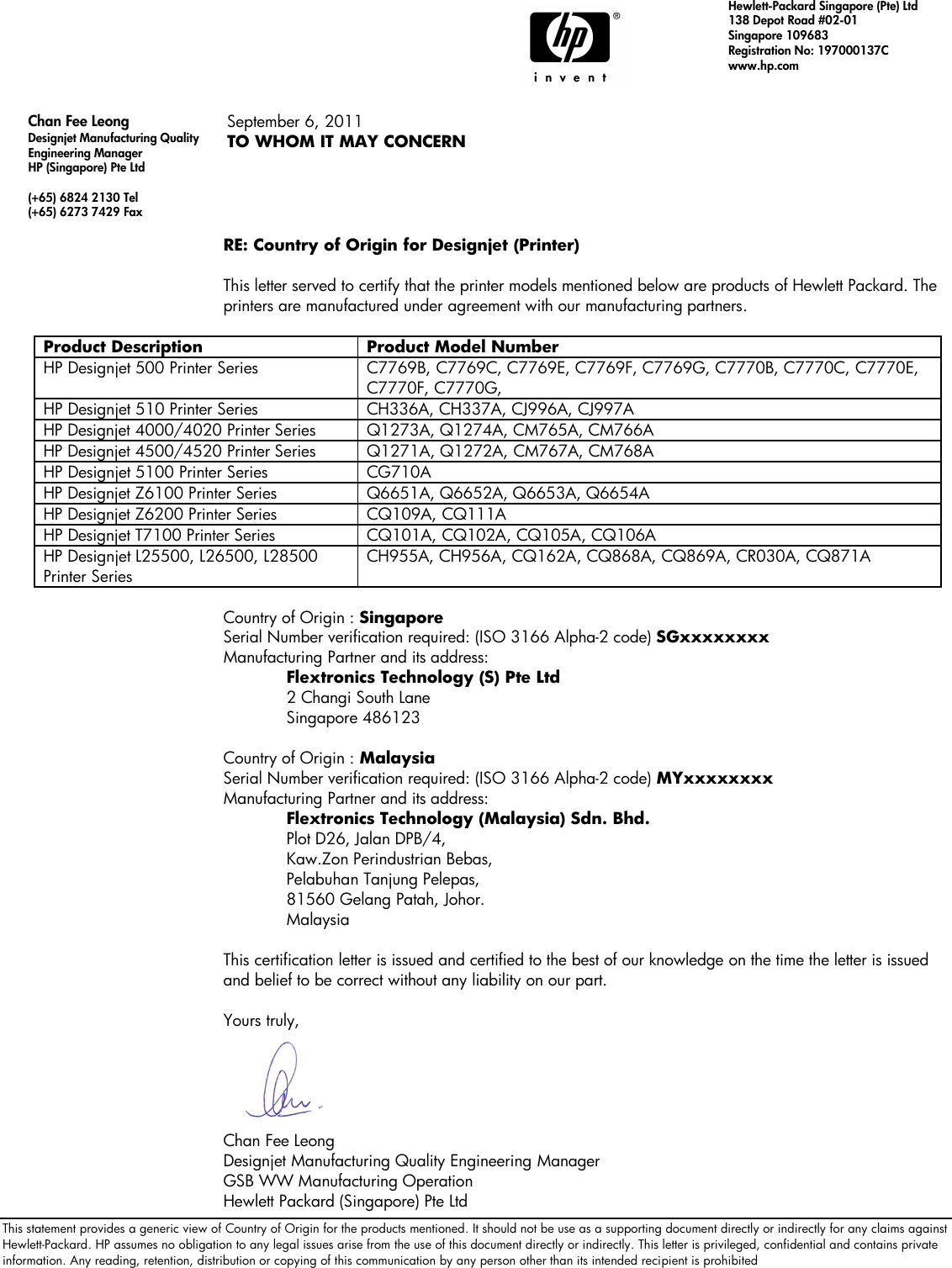 Page 1 of 1 - HP PL30 Flex COO Designjet Printers - Certificate Of Origin C03456319