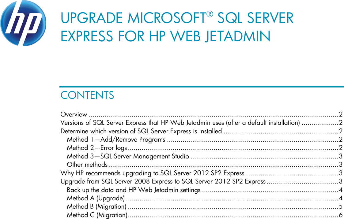 Page 1 of 8 - HP Upgrade Microsoft SQL Server Express For Web Jetadmin - ENWW Microsoft® C04666651