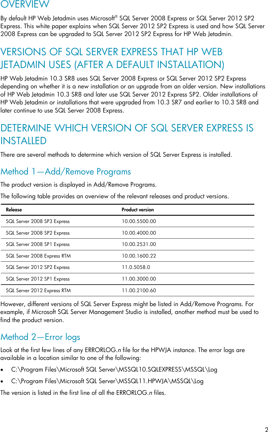 Page 2 of 8 - HP Upgrade Microsoft SQL Server Express For Web Jetadmin - ENWW Microsoft® C04666651