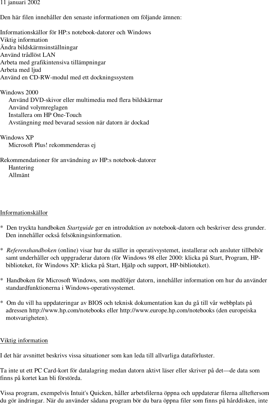 Page 1 of 5 - HP - HPnotes-swe Omnibook XT6050 Most Recent Information Lpi05796