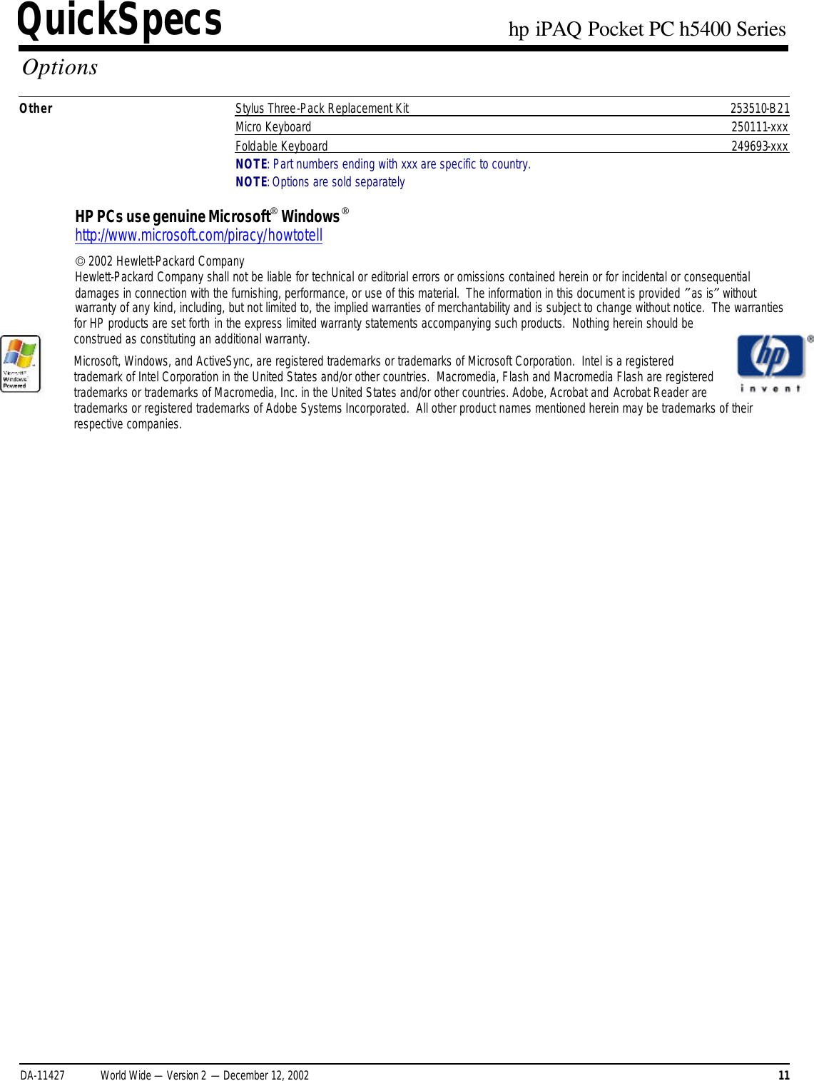 Page 11 of 11 - HP IPAQ Pocket PC H5400 Series - QuickSpecs Overview I PAQ Quick Specs Lpia8003