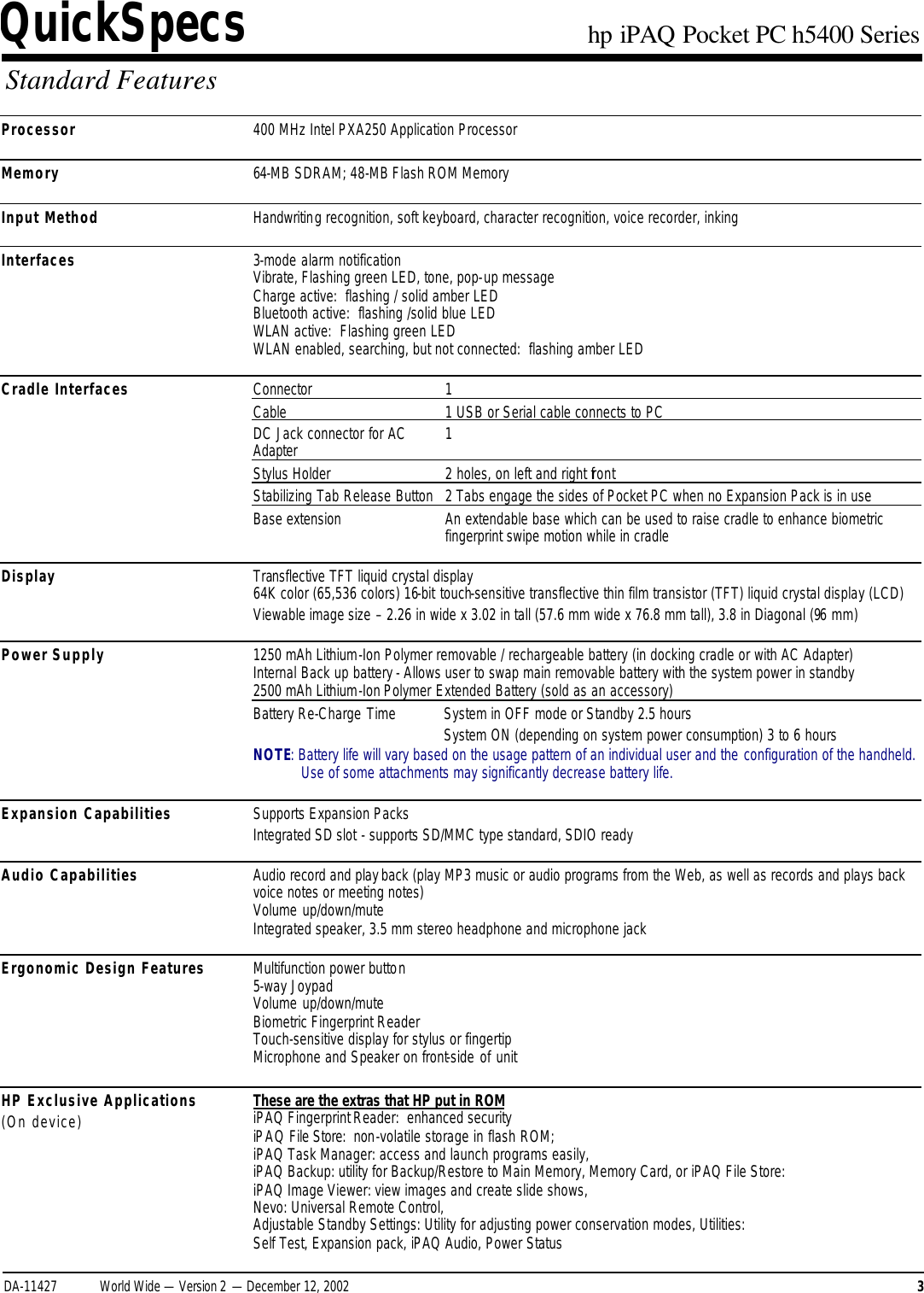 Page 3 of 11 - HP IPAQ Pocket PC H5400 Series - QuickSpecs Overview I PAQ Quick Specs Lpia8003