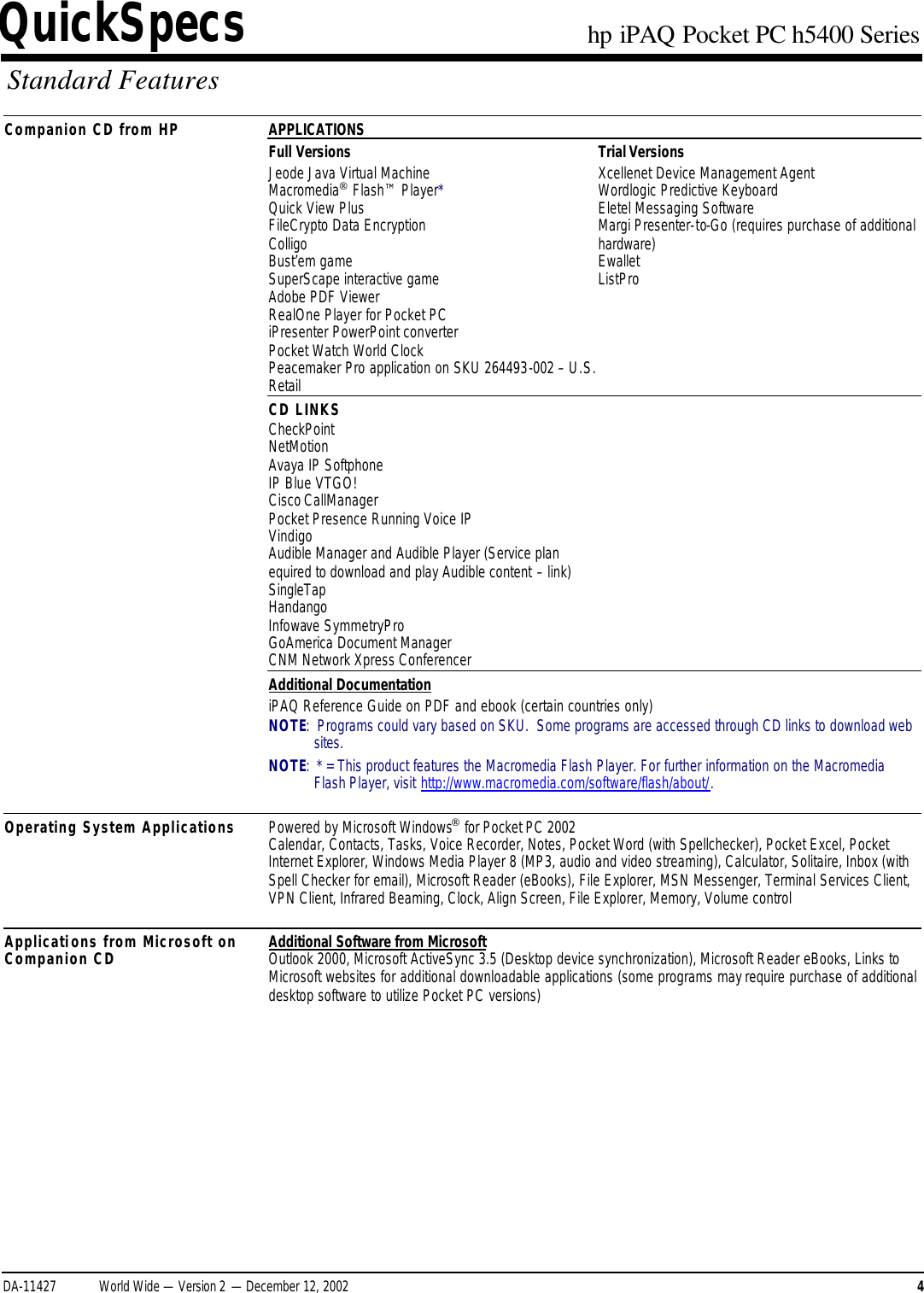 Page 4 of 11 - HP IPAQ Pocket PC H5400 Series - QuickSpecs Overview I PAQ Quick Specs Lpia8003