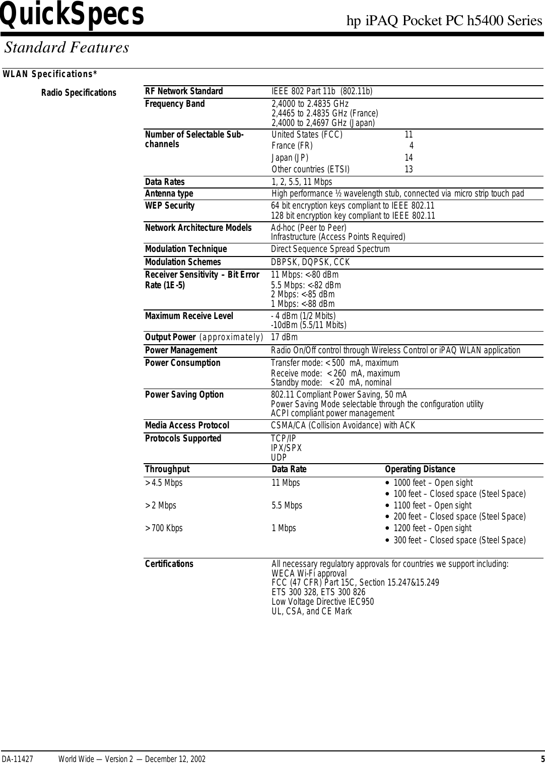 Page 5 of 11 - HP IPAQ Pocket PC H5400 Series - QuickSpecs Overview I PAQ Quick Specs Lpia8003