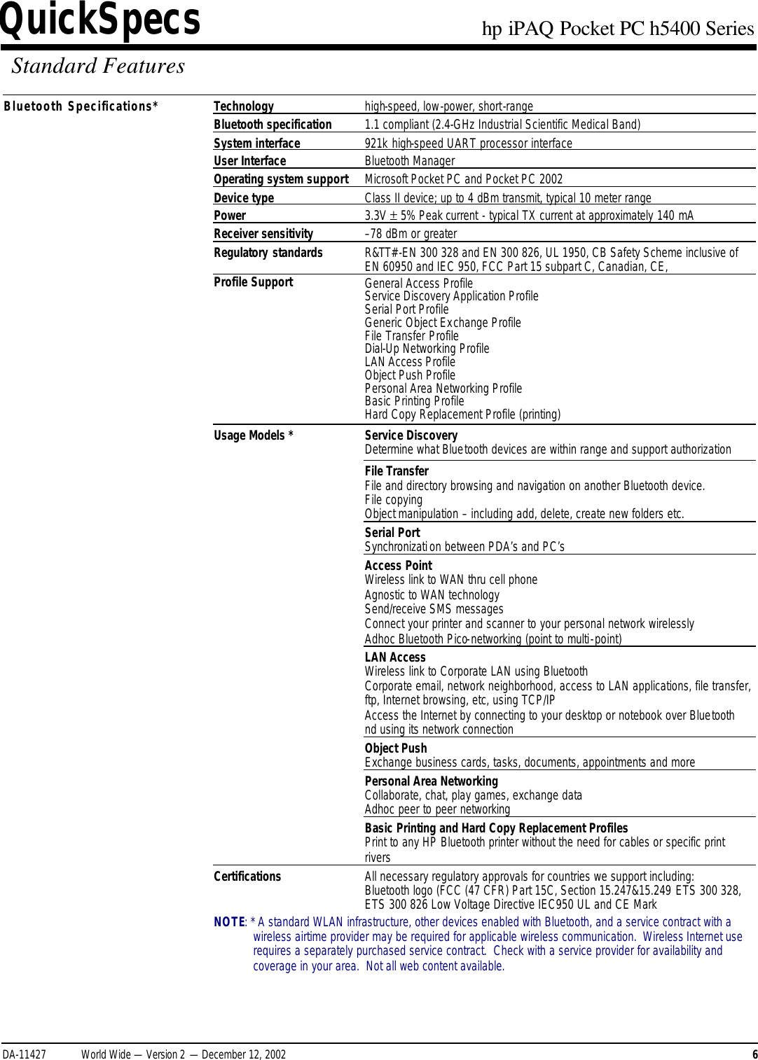 Page 6 of 11 - HP IPAQ Pocket PC H5400 Series - QuickSpecs Overview I PAQ Quick Specs Lpia8003