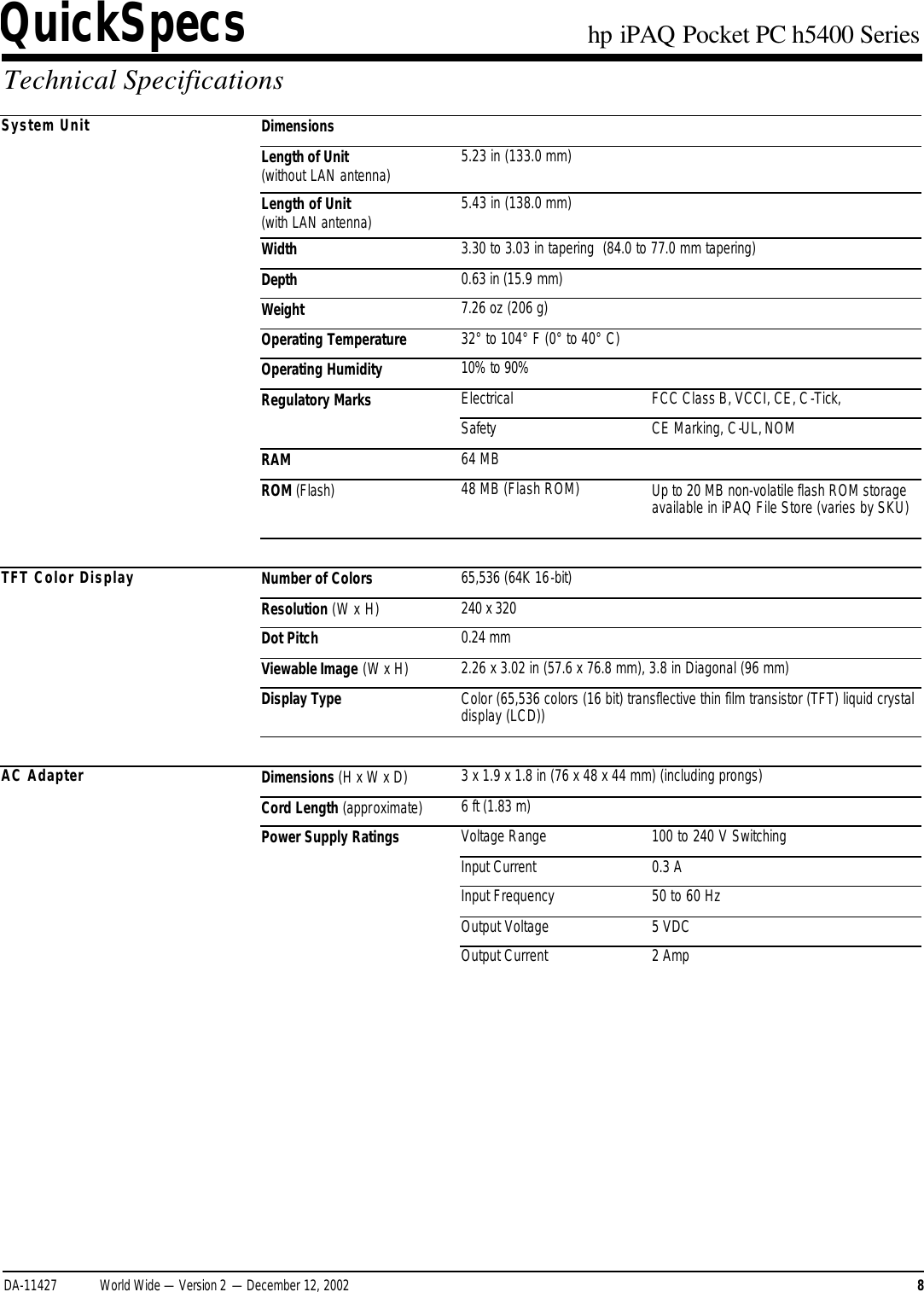 Page 8 of 11 - HP IPAQ Pocket PC H5400 Series - QuickSpecs Overview I PAQ Quick Specs Lpia8003