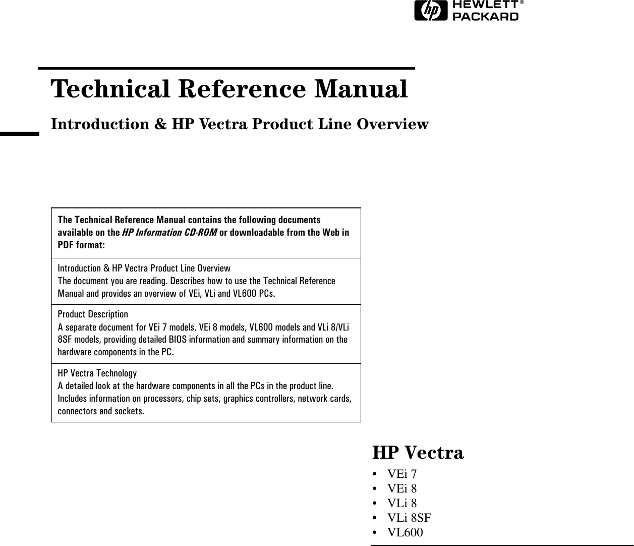 Page 1 of 10 - HP Vcprod Vectra Vl600, Technical Reference Manual (introduction & Product Line Overview) Lpv06448