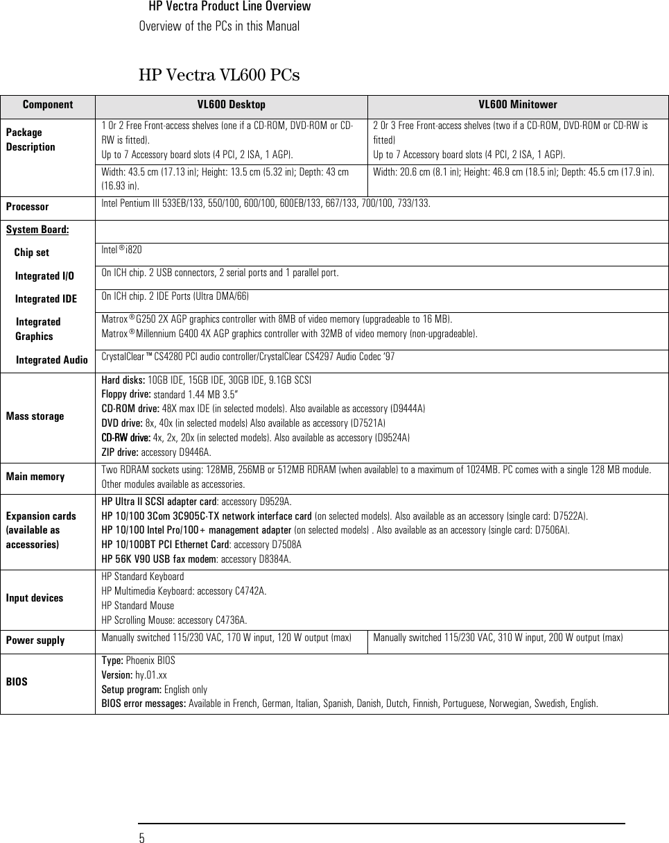 Page 5 of 10 - HP Vcprod Vectra Vl600, Technical Reference Manual (introduction & Product Line Overview) Lpv06448