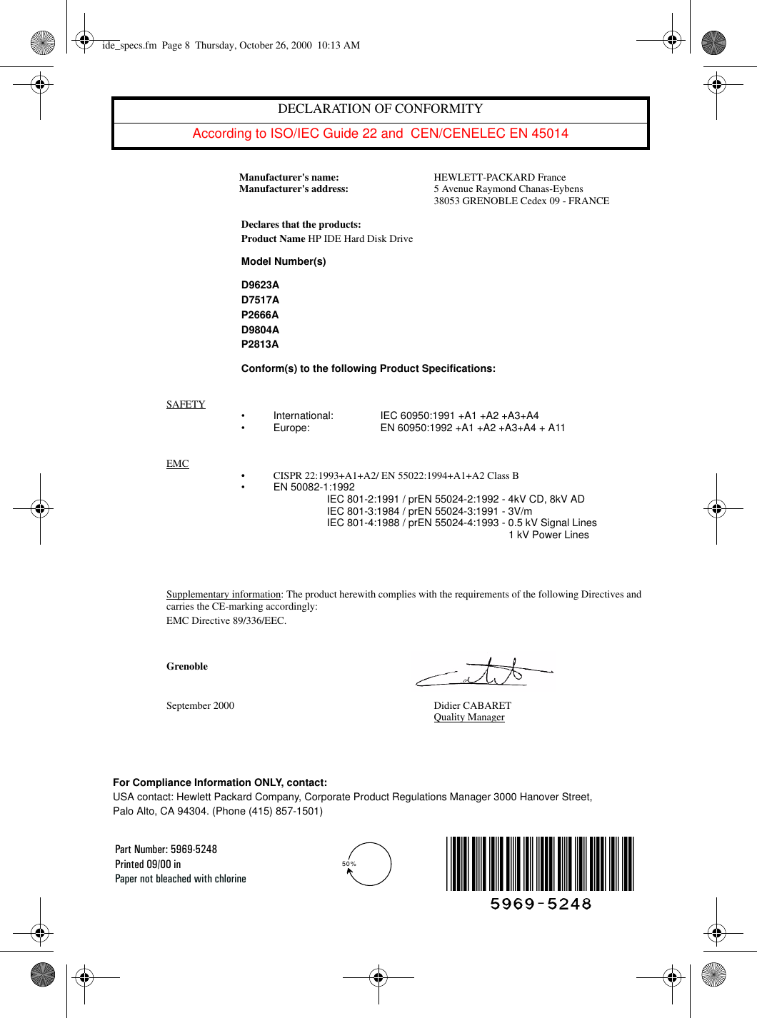 Page 8 of 8 - HP D8607A IDE Hard Disk Drive (D9623A, D7517A, P2666A, D9804A, P2813A), Technical Reference Manual (multi Language) Lpv09256