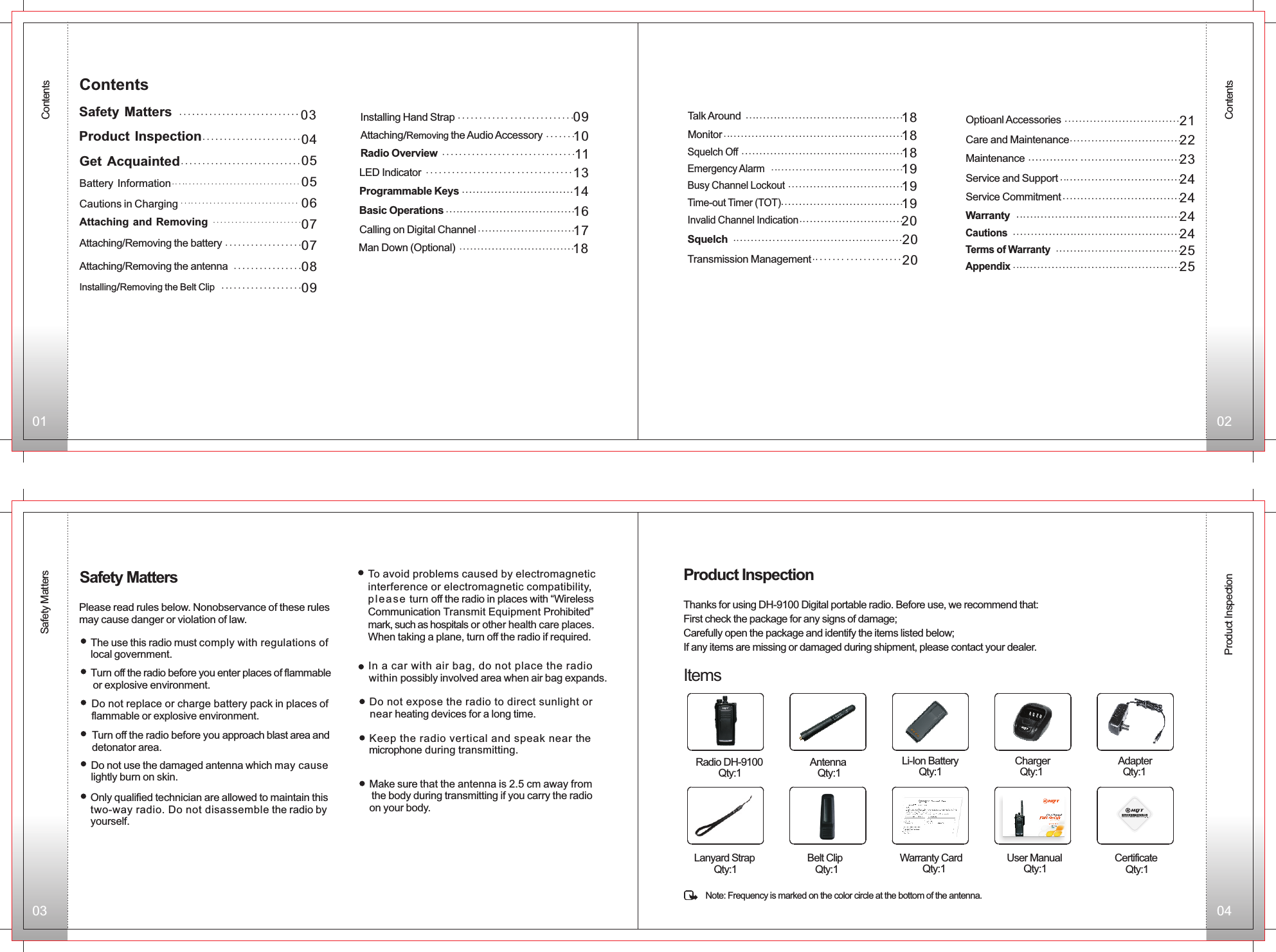 01 0203 04ContentsContentsSafety MattersProduct Inspection040505060707080903Attaching/Removing the batteryAttaching/Removing the antennaInstalling/Removing the Belt Clip Installing Hand StrapAttaching the Audio Accessory /Removing Radio OverviewLED Indicator 13Programmable Keys 14Basic Operations 16Calling on Digital Channel 17Man Down (Optional) 1818Talk Around18Monitor18Squelch Off19Emergency Alarm19Busy Channel Lockout19Time-out Timer (TOT)20Invalid Channel IndicationSquelch 20Transmission Management 20Optioanl Accessories 21Care and Maintenance 22Maintenance 23Service and Support 2424Service Commitment24Warranty25Terms of Warranty25Appendix091011  Contents  Safety Matters  Product Inspection  Get Acquainted  Battery Information  Cautions in Charging  Attaching and Removing24CautionsSafety MattersPlease read rules below. Nonobservance of these rules may cause danger or violation of law. The use this radio must comply with regulations of local government. Turn off the radio before you enter places of flammable or explosive environment.Do not replace or charge battery pack in places of flammable or explosive environment.Turn off the radio before you approach blast area and detonator area. Do not use the damaged antenna which may cause lightly burn on skin. Only qualified technician are allowed to maintain this   two-way radio. Do not disassemble the radio by  yourself. To avoid problems caused by electromagnetic interference or electromagnetic compatibility, pl e as e  turn off the radio in places with “Wireless Communication Transmit Equipment Prohibited” mark, such as hospitals or other health care places. When taking a plane, turn off the radio if required. In a car with air bag, do not place the radio within possibly involved area when air bag expands. Do not expose the radio to direct sunlight or near heating devices for a long time. Keep the radio vertical and speak near the microphone during transmitting.Make sure that the antenna is 2.5 cm away from the body during transmitting if you carry the radio on your body.Thanks for using DH-9100 Digital portable radio. Before use, we recommend that:First check the package for any signs of damage;Carefully open the package and identify the items listed below;If any items are missing or damaged during shipment, please contact your dealer.Product InspectionItemsRadio DH-9100        Qty:1Li-Ion Battery      Qty:1Charger  Qty:1Adapter  Qty:1Antenna   Qty:1Lanyard Strap       Qty:1Belt Clip   Qty:1User Manual      Qty:1Warranty Card        Qty:1Certificate    Qty:1Note: Frequency is marked on the color circle at the bottom of the antenna.