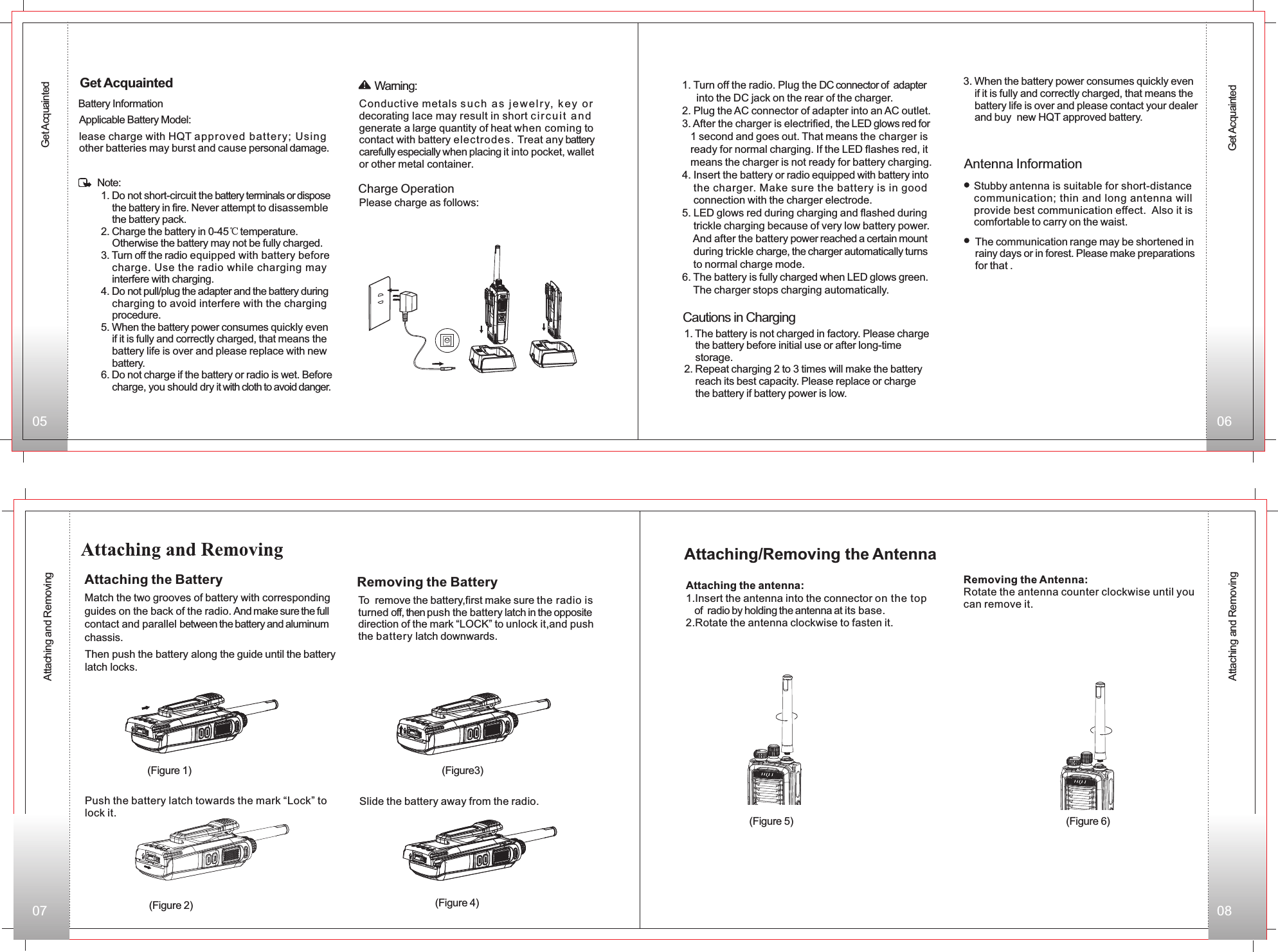 Removing the Antenna:Rotate the antenna counter clockwise until youcan remove it.Attaching/Removing the AntennaAttaching the antenna:1.Insert the antenna into the connector on the top    of  radio by holding the antenna at its base.2.Rotate the antenna clockwise to fasten it.(Figure 1)Match the two grooves of battery with corresponding guides on the back of the radio. And make sure the full contact and parallel between the battery and aluminum chassis.  Then push the battery along the guide until the battery latch locks.Slide the battery away from the radio.(Figure 2)(Figure3)Attaching the BatteryTo  remove the battery,first make sure the radio is turned off, then push the battery latch in the opposite direction of the mark “LOCK” to unlock it,and pushthe battery latch downwards.Removing the Battery(Figure 5) (Figure 6)(Figure 4)05 0607 08Get AcquaintedAttaching and RemovingAttaching and RemovingGet AcquaintedApplicable Battery Model:lease charge with HQT approved battery; Using other batteries may burst and cause personal damage.Get AcquaintedBattery InformationNote: 1. Do not short-circuit the battery terminals or dispose     the battery in fire. Never attempt to disassemble     the battery pack.2. Charge the battery in 0-45℃ temperature.     Otherwise the battery may not be fully charged.3. Turn off the radio equipped with battery before     charge. Use the radio while charging may     interfere with charging. 4. Do not pull/plug the adapter and the battery during     charging to avoid interfere with the charging    procedure. 5. When the battery power consumes quickly even    if it is fully and correctly charged, that means the     battery life is over and please replace with new     battery. 6. Do not charge if the battery or radio is wet. Before    charge, you should dry it with cloth to avoid danger.  Warning:Conductive metals s u c h a s j e we lr y, k ey  o r decorating lace may result in short ci r c u i t  an d generate a large quantity of heat when coming to contact with battery electrodes. Treat any battery carefully especially when placing it into pocket, wallet or other metal container. Charge OperationPlease charge as follows:1. Turn off the radio. Plug the DC connector of  adapter     into the DC jack on the rear of the charger. 2. Plug the AC connector of adapter into an AC outlet.3. After the charger is electrified, the LED glows red for    1 second and goes out. That means the charger is    ready for normal charging. If the LED flashes red, it    means the charger is not ready for battery charging. 4. Insert the battery or radio equipped with battery into     the charger. Make sure the battery is in good     connection with the charger electrode. 5. LED glows red during charging and flashed during    trickle charging because of very low battery power.     And after the battery power reached a certain mount     during trickle charge, the charger automatically turns     to normal charge mode.6. The battery is fully charged when LED glows green.     The charger stops charging automatically. Cautions in Charging1. The battery is not charged in factory. Please charge     the battery before initial use or after long-time     storage. 2. Repeat charging 2 to 3 times will make the battery     reach its best capacity. Please replace or charge     the battery if battery power is low. 3. When the battery power consumes quickly even    if it is fully and correctly charged, that means the     battery life is over and please contact your dealer     and buy  new HQT approved battery. Antenna InformationStubby antenna is suitable for short-distance communication; thin and long antenna willprovide best communication effect.  Also it is comfortable to carry on the waist. The communication range may be shortened in rainy days or in forest. Please make preparations for that .Push the battery latch towards the mark “Lock” tolock it.