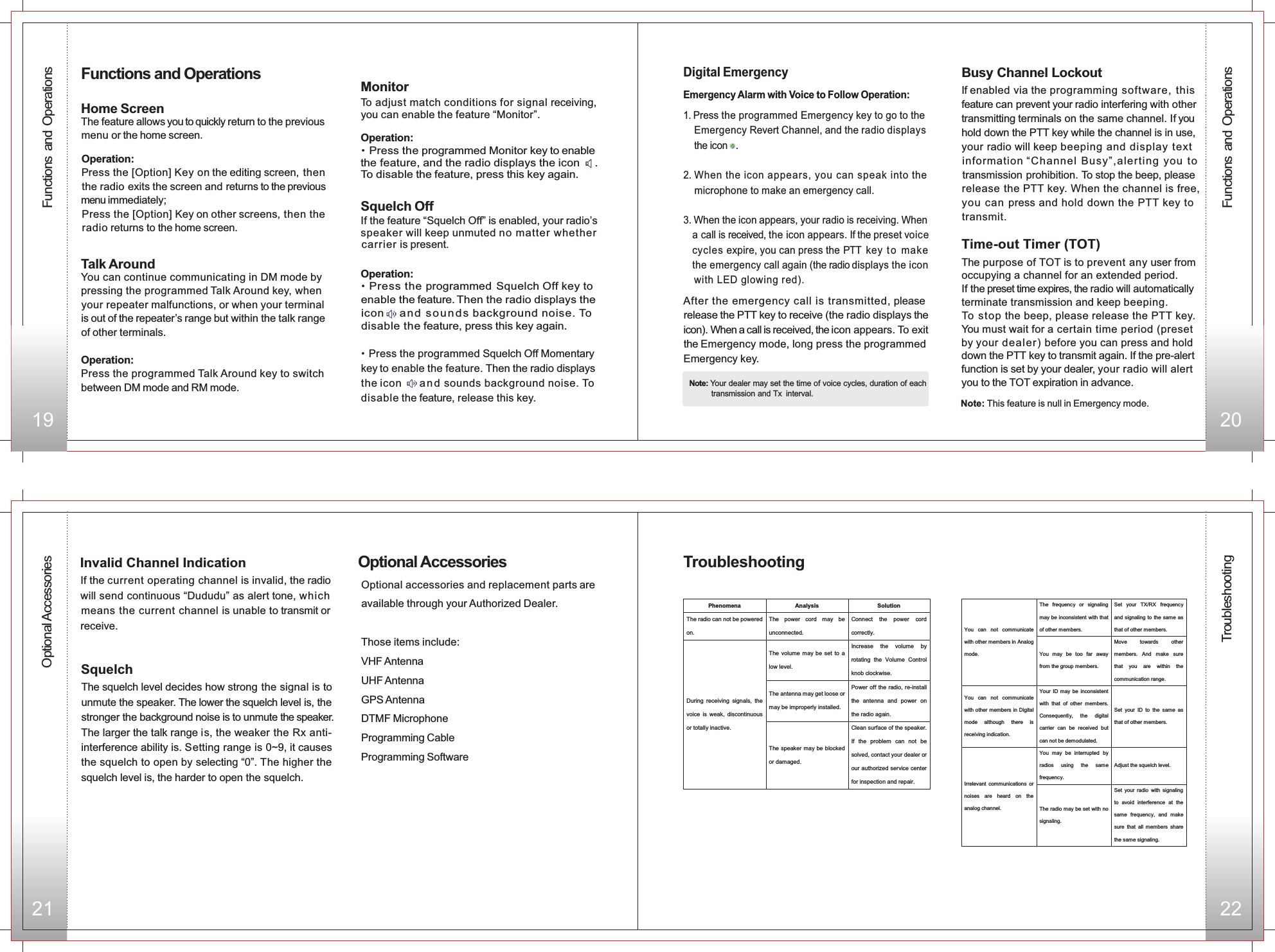 19 20Monitor To adjust match conditions for signal receiving, you can enable the feature “Monitor”.Operation:• Press the programmed Monitor key to enable the feature, and the radio displays the icon     .To disable the feature, press this key again.  • Press the programmed Squelch Off Momentary key to enable the feature. Then the radio displays the icon       a n d  sounds background noise. To disable the feature, release this key.Squelch OffIf the feature “Squelch Off” is enabled, your radio’s speaker will keep unmuted no matter whether carrier is present. Operation:• Press the programmed  Squelch Off key to enable the feature. Then the radio displays the icon    an d so u n d s background noise. To disable the feature, press this key again.Operation:Press the programmed Talk Around key to switch between DM mode and RM mode.1. Press the programmed Emergency key to go to the     Emergency Revert Channel, and the radio displays     the icon   .2. When the icon appears,  you can speak into the     microphone to make an emergency call.3. When the icon appears, your radio is receiving. When    a call is received, the icon appears. If the preset voice     cycles  expire, you can press the PTT  key t o  make     the emergency call again (the radio displays the icon     with LED glowing red).  Note: Your dealer may set the time of voice cycles, duration of each          transmission and Tx interval.Digital EmergencyEmergency Alarm with Voice to Follow Operation:After the emergency call is transmitted, please release the PTT key to receive (the radio displays the icon). When a call is received, the icon appears. To exit the Emergency mode, long press the programmed Emergency key. Functions and OperationsTalk Around You can continue communicating in DM mode by pressing the programmed Talk Around key, when your repeater malfunctions, or when your terminal is out of the repeater’s range but within the talk range of other terminals.Functions and OperationsHome ScreenThe feature allows you to quickly return to the previous menu or the home screen.Operation: Press the [Option] Key on the editing screen, then the radio exits the screen and returns to the previous menu immediately; Press the [Option] Key on other screens, then the radio returns to the home screen. 21 22The purpose of TOT is to prevent any user from occupying a channel for an extended period. If the preset time expires, the radio will automatically terminate transmission and keep beeping. To stop the beep, please release the PTT key. You must wait for a certain time period (presetby your dealer) before you can press and hold down the PTT key to transmit again. If the pre-alertfunction is set by your dealer, your radio will alert you to the TOT expiration in advance.Note: This feature is null in Emergency mode.Time-out Timer (TOT)Busy Channel LockoutIf enabled via the programming software, this  feature can prevent your radio interfering with othertransmitting terminals on the same channel. If youhold down the PTT key while the channel is in use, your radio will keep beeping and display text information “Channel Busy”,alerting you to transmission prohibition. To stop the beep, please release the PTT key. When the channel is free, you can press and hold down the PTT key to transmit.Optional AccessoriesTroubleshootingOptional AccessoriesOptional accessories and replacement parts are available through your Authorized Dealer. Those items include:VHF Antenna UHF AntennaDTMF Microphone   GPS AntennaProgramming CableProgramming SoftwareIf the current operating channel is invalid, the radio will send continuous “Dududu” as alert tone, which means the current channel is unable to transmit or receive.Invalid Channel IndicationSquelchThe squelch level decides how strong the signal is to unmute the speaker. The lower the squelch level is, the stronger the background noise is to unmute the speaker. The larger the talk range is, the weaker the Rx anti-interference ability is. Setting range is 0~9, it causes the squelch to open by selecting “0”. The higher the squelch level is, the harder to open the squelch.TroubleshootingPhenomena Analysis Solution The radio can not be powered on. The  power  cord  may  be unconnected. Connect  the  power  cord correctly. The  volume  may be  set  to  a low level. Increase  the  volume  by rotating  the  Volume  Control knob clockwise. The antenna may get loose or may be improperly installed. Power off the radio, re-install the  antenna  and  power  on the radio again. During  receiving  signals,  the voice  is  weak,  discontinuous or totally inactive. The speaker  may be blocked or damaged. Clean surface of the speaker. If  the  problem  can  not  be solved, contact your dealer or our authorized service center for inspection and repair.  The  frequency  or  signaling may be inconsistent with that of other members. Set  your  TX/RX  frequency and signaling to  the  same as that of other members. You  can  not  communicate with other members in Analog mode.  You  may  be  too  far  away from the group members. Move  towards  other members.  And  make  sure that  you  are  within  the communication range. You  can  not  communicate with other members  in  Digital mode  although  there  is receiving indication. Your  ID  may  be  inconsistent with  that  of  other  members. Consequently,  the  digital carrier  can  be  received  but can not be demodulated. Set  your  ID  to  the  same  as that of other members. You  may  be  interrupted  by radios  using  the  same frequency. Adjust the squelch level. Irrelevant  communications  or noises  are  heard  on  the analog channel.  The radio may be set with no signaling. Set  your  radio  with  signaling to  avoid  interference  at  the same  frequency,  and  make sure  that  all  members  share the same signaling.  Functions and Operations