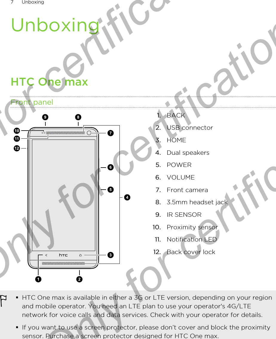 UnboxingHTC One maxFront panel1. BACK2. USB connector3. HOME4. Dual speakers5. POWER6. VOLUME7. Front camera8. 3.5mm headset jack9. IR SENSOR10. Proximity sensor11. Notification LED12. Back cover lock§HTC One max is available in either a 3G or LTE version, depending on your regionand mobile operator. You need an LTE plan to use your operator&apos;s 4G/LTEnetwork for voice calls and data services. Check with your operator for details.§If you want to use a screen protector, please don’t cover and block the proximitysensor. Purchase a screen protector designed for HTC One max.7 UnboxingOnly for certification  Only for certification  Only for certification