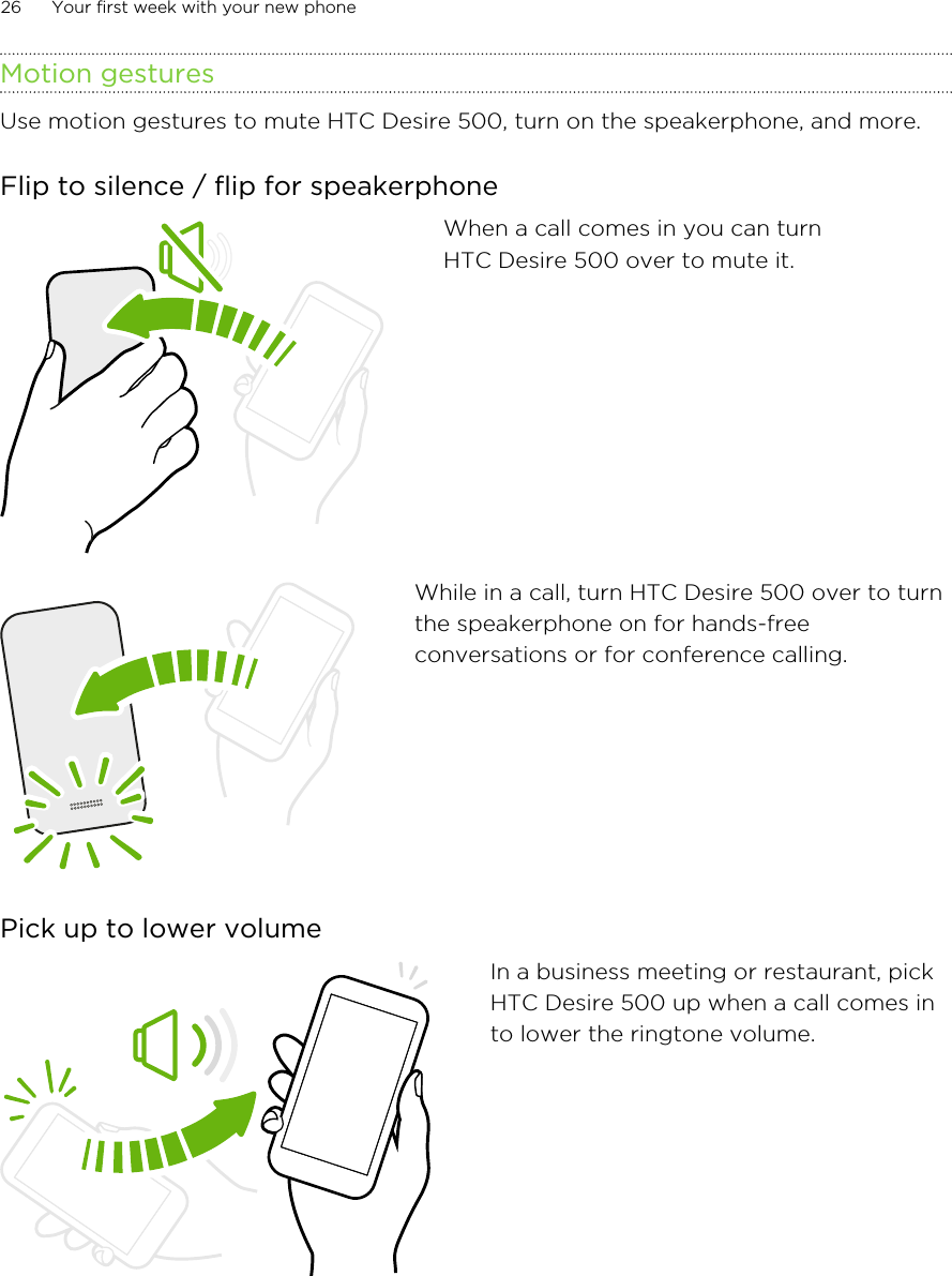 Motion gesturesUse motion gestures to mute HTC Desire 500, turn on the speakerphone, and more.Flip to silence / flip for speakerphoneWhen a call comes in you can turnHTC Desire 500 over to mute it.While in a call, turn HTC Desire 500 over to turnthe speakerphone on for hands-freeconversations or for conference calling.Pick up to lower volumeIn a business meeting or restaurant, pickHTC Desire 500 up when a call comes into lower the ringtone volume.26 Your first week with your new phone