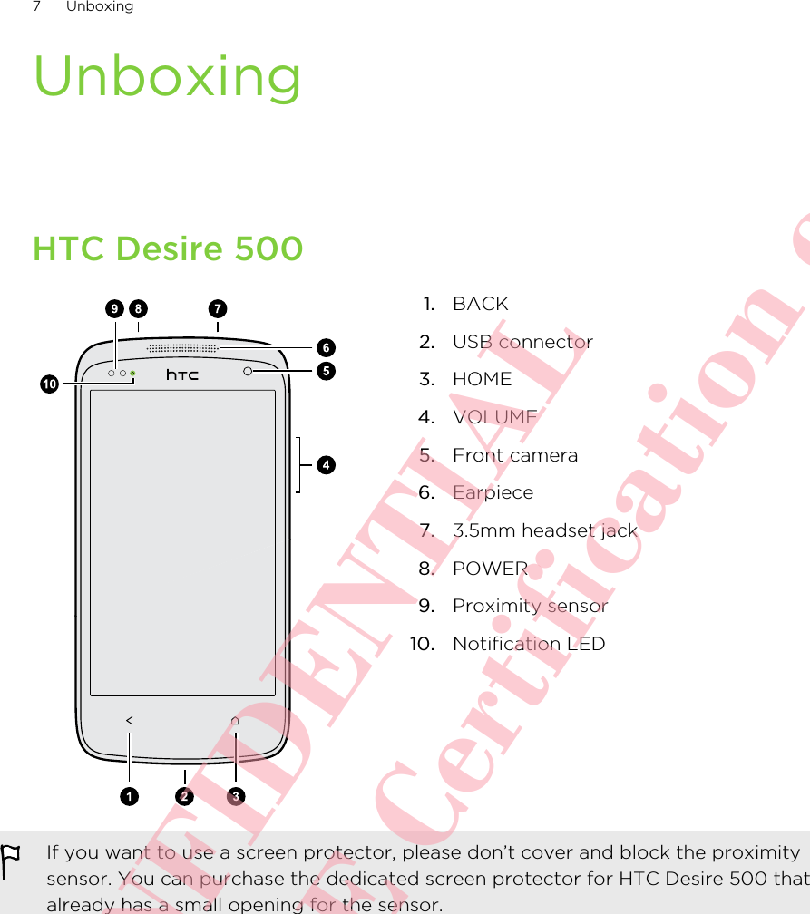 UnboxingHTC Desire 5001. BACK2. USB connector3. HOME4. VOLUME5. Front camera6. Earpiece7. 3.5mm headset jack8. POWER9. Proximity sensor10. Notification LEDIf you want to use a screen protector, please don’t cover and block the proximitysensor. You can purchase the dedicated screen protector for HTC Desire 500 thatalready has a small opening for the sensor.7 UnboxingHTC CONFIDENTIAL For R&amp;TTE Certification only