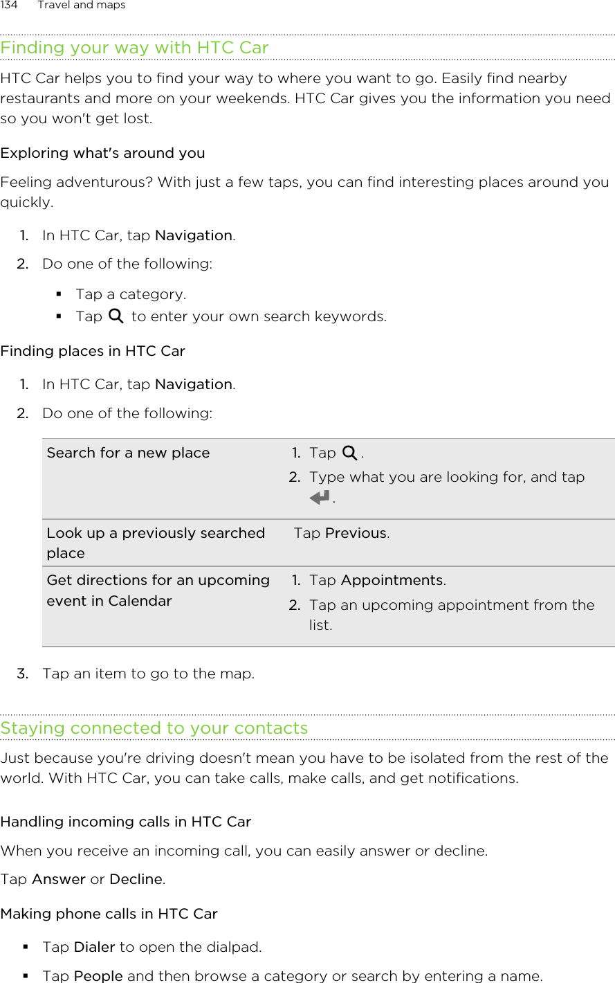 Finding your way with HTC CarHTC Car helps you to find your way to where you want to go. Easily find nearbyrestaurants and more on your weekends. HTC Car gives you the information you needso you won&apos;t get lost.Exploring what&apos;s around youFeeling adventurous? With just a few taps, you can find interesting places around youquickly.1. In HTC Car, tap Navigation.2. Do one of the following:§Tap a category.§Tap   to enter your own search keywords.Finding places in HTC Car1. In HTC Car, tap Navigation.2. Do one of the following:Search for a new place 1. Tap  .2. Type what you are looking for, and tap.Look up a previously searchedplaceTap Previous.Get directions for an upcomingevent in Calendar1. Tap Appointments.2. Tap an upcoming appointment from thelist.3. Tap an item to go to the map.Staying connected to your contactsJust because you&apos;re driving doesn&apos;t mean you have to be isolated from the rest of theworld. With HTC Car, you can take calls, make calls, and get notifications.Handling incoming calls in HTC CarWhen you receive an incoming call, you can easily answer or decline.Tap Answer or Decline.Making phone calls in HTC Car§Tap Dialer to open the dialpad.§Tap People and then browse a category or search by entering a name.134 Travel and mapsHTC Confidential for Certification HTC Confidential for Certification 
