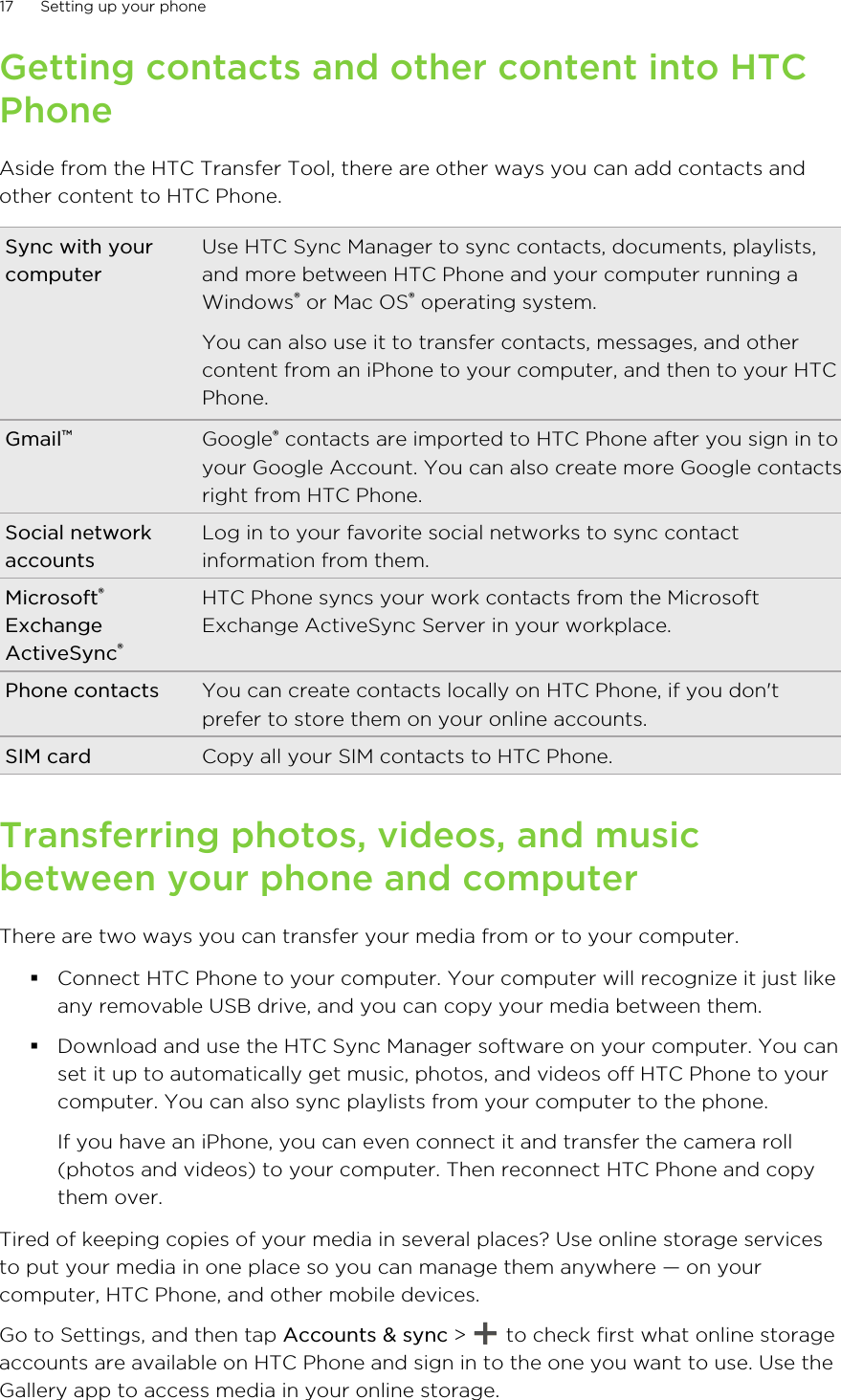 Getting contacts and other content into HTCPhoneAside from the HTC Transfer Tool, there are other ways you can add contacts andother content to HTC Phone.Sync with yourcomputerUse HTC Sync Manager to sync contacts, documents, playlists,and more between HTC Phone and your computer running aWindows® or Mac OS® operating system.You can also use it to transfer contacts, messages, and othercontent from an iPhone to your computer, and then to your HTCPhone.Gmail™Google® contacts are imported to HTC Phone after you sign in toyour Google Account. You can also create more Google contactsright from HTC Phone.Social networkaccountsLog in to your favorite social networks to sync contactinformation from them.Microsoft®ExchangeActiveSync®HTC Phone syncs your work contacts from the MicrosoftExchange ActiveSync Server in your workplace.Phone contacts You can create contacts locally on HTC Phone, if you don&apos;tprefer to store them on your online accounts.SIM card Copy all your SIM contacts to HTC Phone.Transferring photos, videos, and musicbetween your phone and computerThere are two ways you can transfer your media from or to your computer.§Connect HTC Phone to your computer. Your computer will recognize it just likeany removable USB drive, and you can copy your media between them.§Download and use the HTC Sync Manager software on your computer. You canset it up to automatically get music, photos, and videos off HTC Phone to yourcomputer. You can also sync playlists from your computer to the phone.If you have an iPhone, you can even connect it and transfer the camera roll(photos and videos) to your computer. Then reconnect HTC Phone and copythem over.Tired of keeping copies of your media in several places? Use online storage servicesto put your media in one place so you can manage them anywhere — on yourcomputer, HTC Phone, and other mobile devices.Go to Settings, and then tap Accounts &amp; sync &gt;   to check first what online storageaccounts are available on HTC Phone and sign in to the one you want to use. Use theGallery app to access media in your online storage.17 Setting up your phoneHTC Confidential for Certification HTC Confidential for Certification