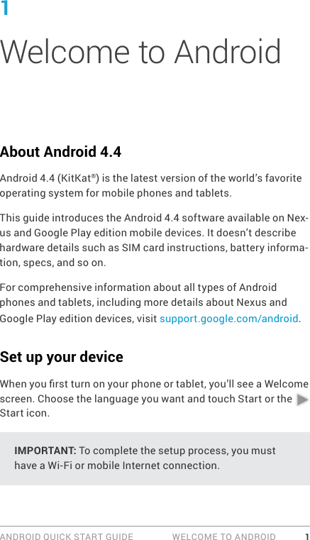 ANDROID QUICK START GUIDE   WELCOME TO ANDROID 11 Welcome to AndroidAbout Android 4.4Android 4.4 (KitKat®) is the latest version of the world’s favorite operating system for mobile phones and tablets. This guide introduces the Android 4.4 software available on Nex-us and Google Play edition mobile devices. It doesn’t describe hardware details such as SIM card instructions, battery informa-tion, specs, and so on. For comprehensive information about all types of Android phones and tablets, including more details about Nexus and Google Play edition devices, visit support.google.com/android. Set up your deviceWhen you rst turn on your phone or tablet, you’ll see a Welcome screen. Choose the language you want and touch Start or the   Start icon.IMPORTANT: To complete the setup process, you must have a Wi-Fi or mobile Internet connection.
