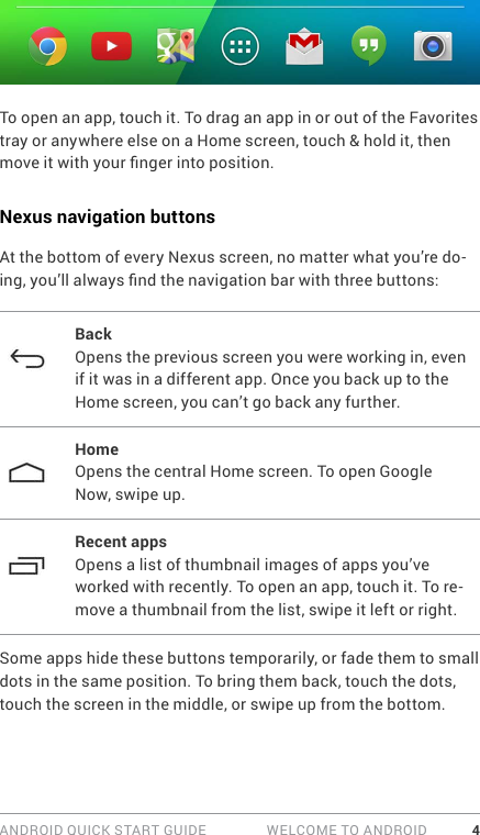 ANDROID QUICK START GUIDE   WELCOME TO ANDROID 4To open an app, touch it. To drag an app in or out of the Favorites tray or anywhere else on a Home screen, touch &amp; hold it, then move it with your nger into position.Nexus navigation buttonsAt the bottom of every Nexus screen, no matter what you’re do-ing, you’ll always nd the navigation bar with three buttons:BackOpens the previous screen you were working in, even if it was in a different app. Once you back up to the Home screen, you can’t go back any further.HomeOpens the central Home screen. To open Google Now, swipe up. Recent appsOpens a list of thumbnail images of apps you’ve worked with recently. To open an app, touch it. To re-move a thumbnail from the list, swipe it left or right.Some apps hide these buttons temporarily, or fade them to small dots in the same position. To bring them back, touch the dots, touch the screen in the middle, or swipe up from the bottom.